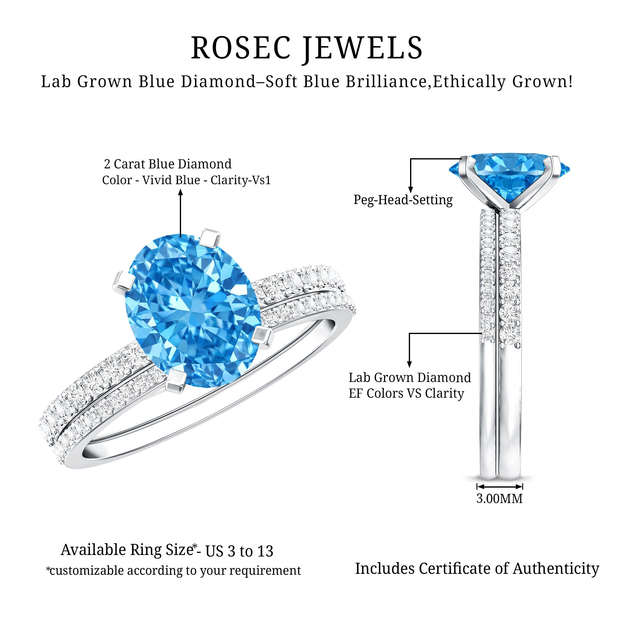 Oval Shaped 2 Carat Lab Blue Diamond Engagement Ring Set with IGI Certificate Vivid Blue - VS1 - Rosec Jewels