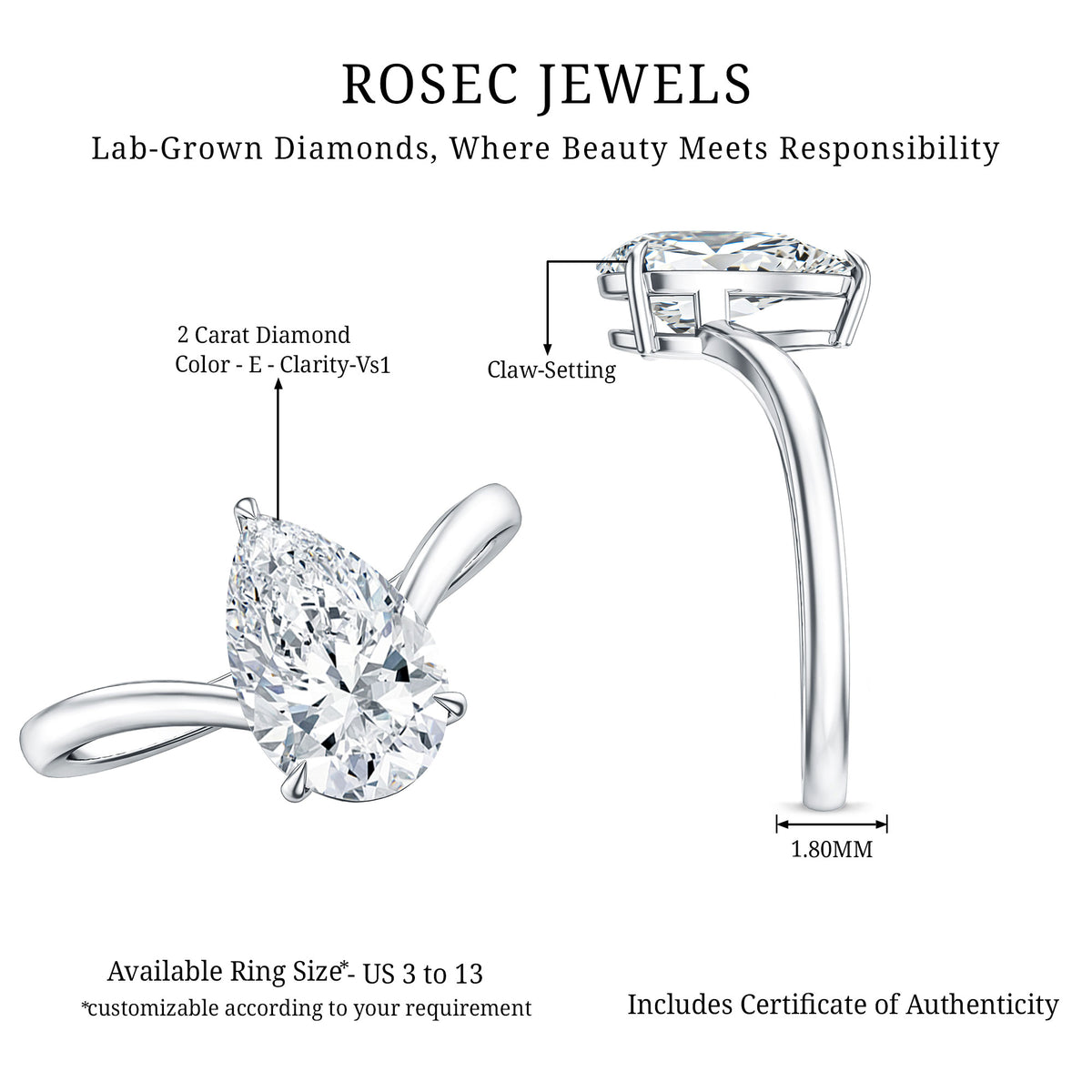 IGI Certified 2 Carat Pear Shape Lab Grown Diamond Chevron Engagement Ring Lab - ( E-VS1 ) - Rosec Jewels