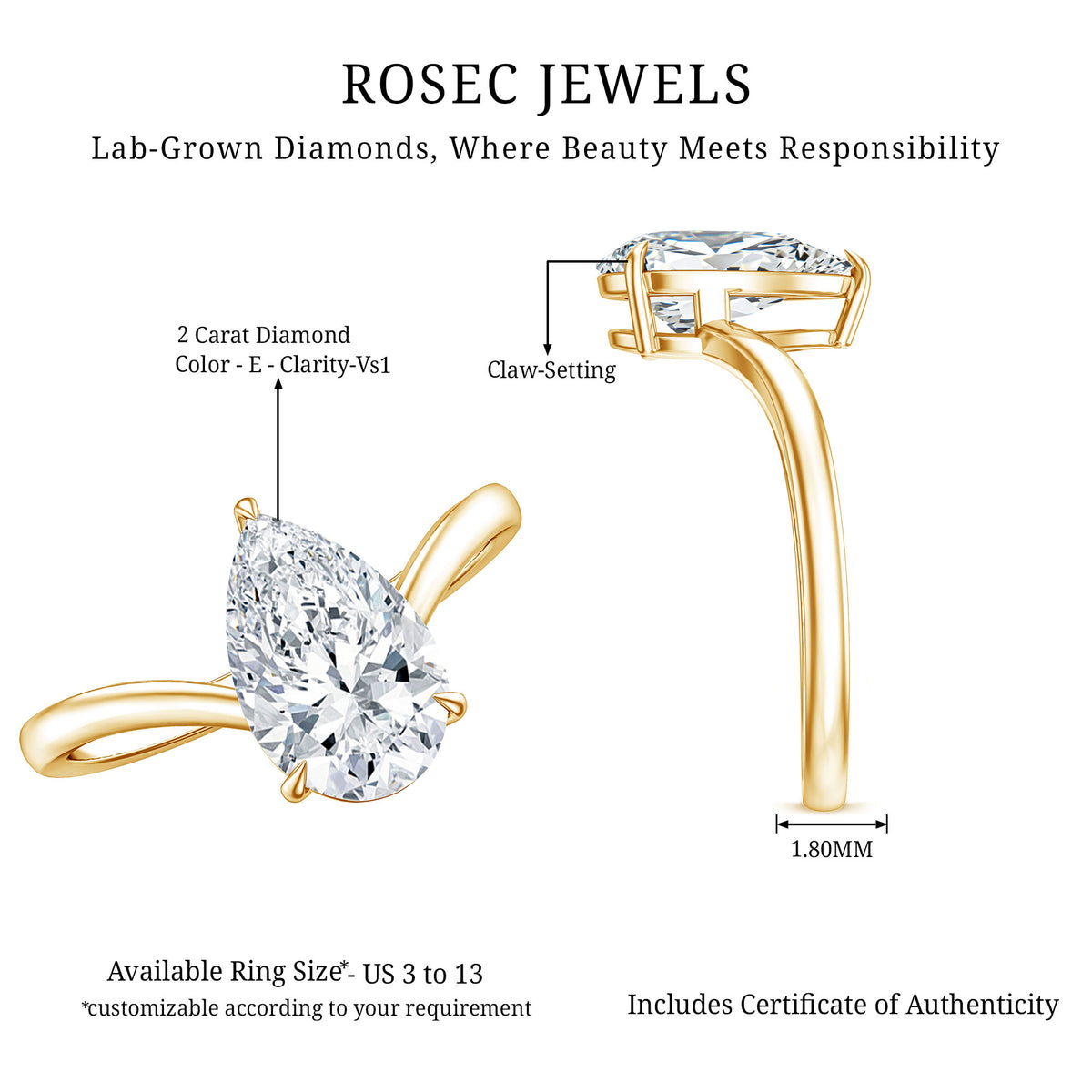 IGI Certified 2 Carat Pear Shape Lab Grown Diamond Chevron Engagement Ring Lab - ( E-VS1 ) - Rosec Jewels