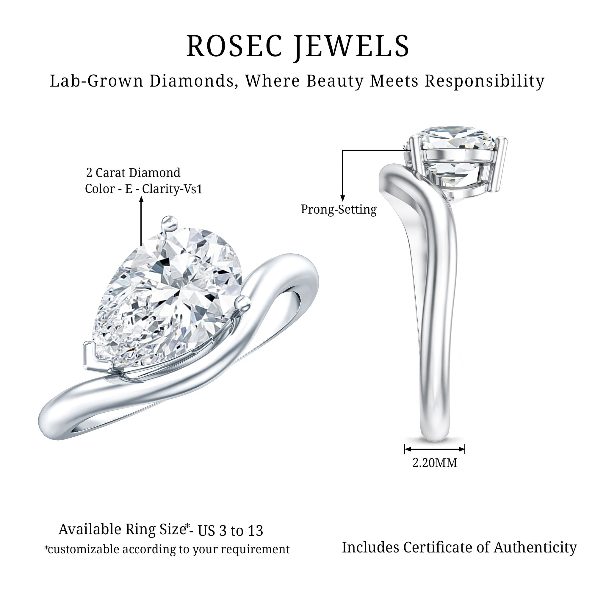 Rosec Jewels-Lab Grown 2 Carat Diamond East West Pear Engagement Ring with IGI Certificate
