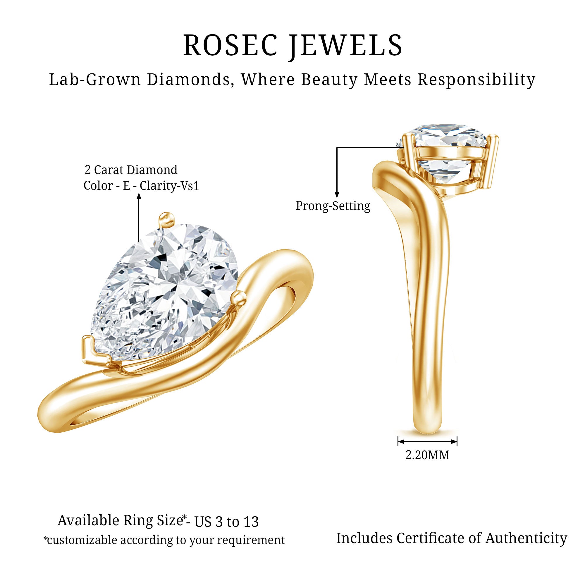 Rosec Jewels-Lab Grown 2 Carat Diamond East West Pear Engagement Ring with IGI Certificate