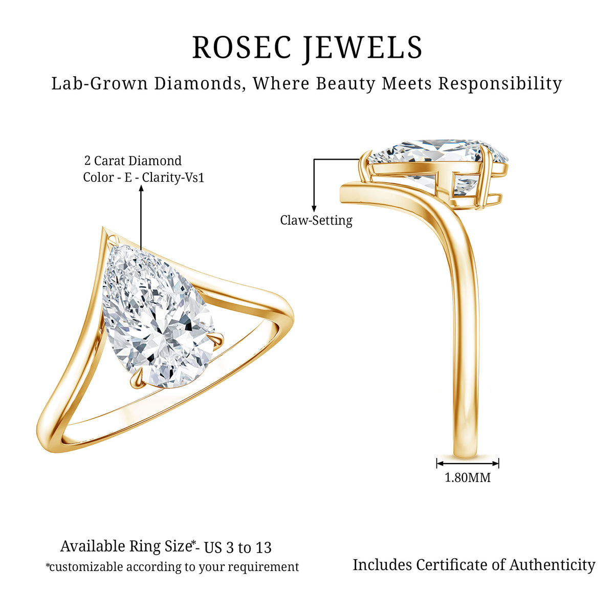 Pear Shape 2 Carat Lab Grown Diamond Chevron Engagement Ring with IGI Certificate Lab - ( E-VS1 ) - Rosec Jewels