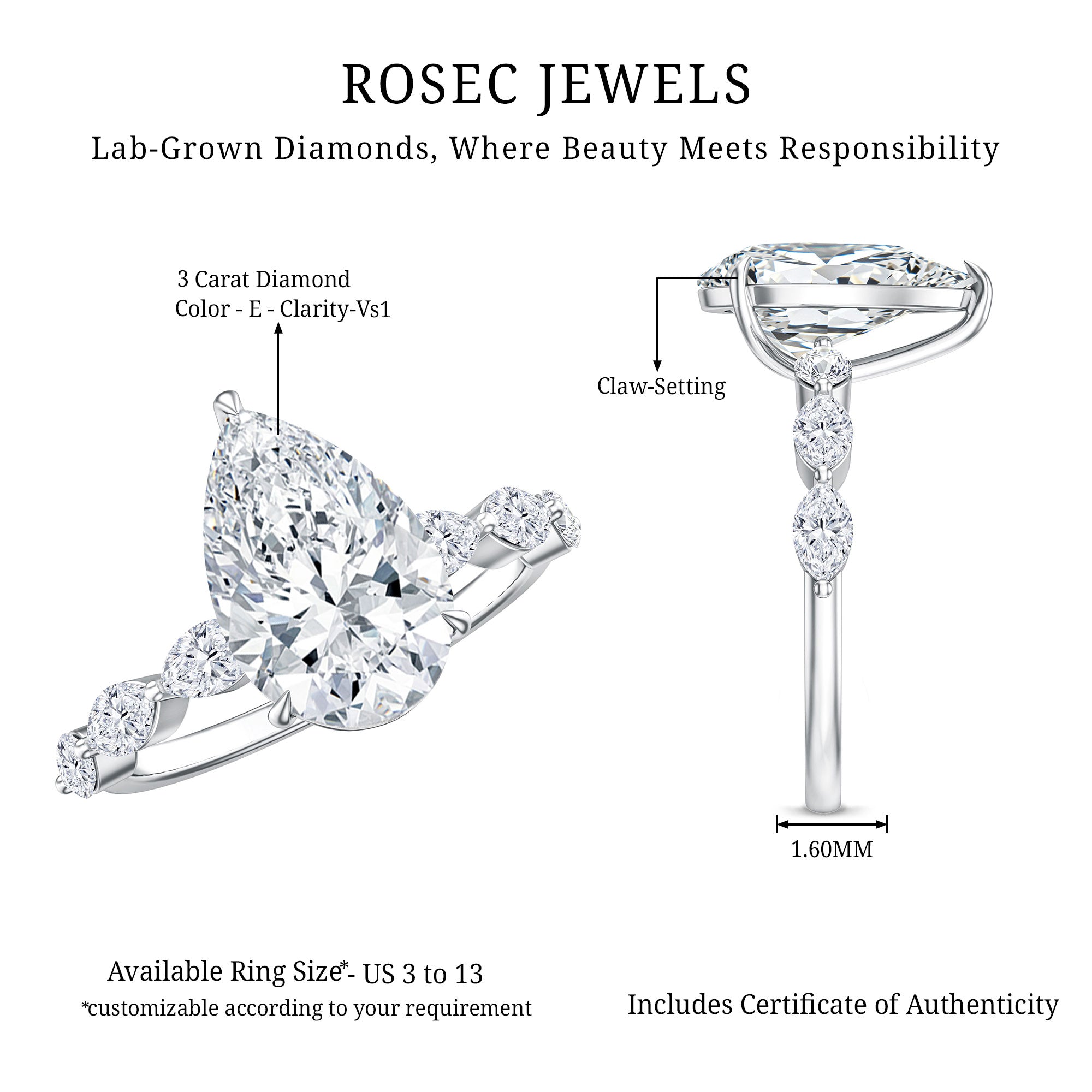 Rosec Jewels-Solitaire 3 Carat Pear Shaped Lab Diamond Designer Engagement Ring IGI Certified