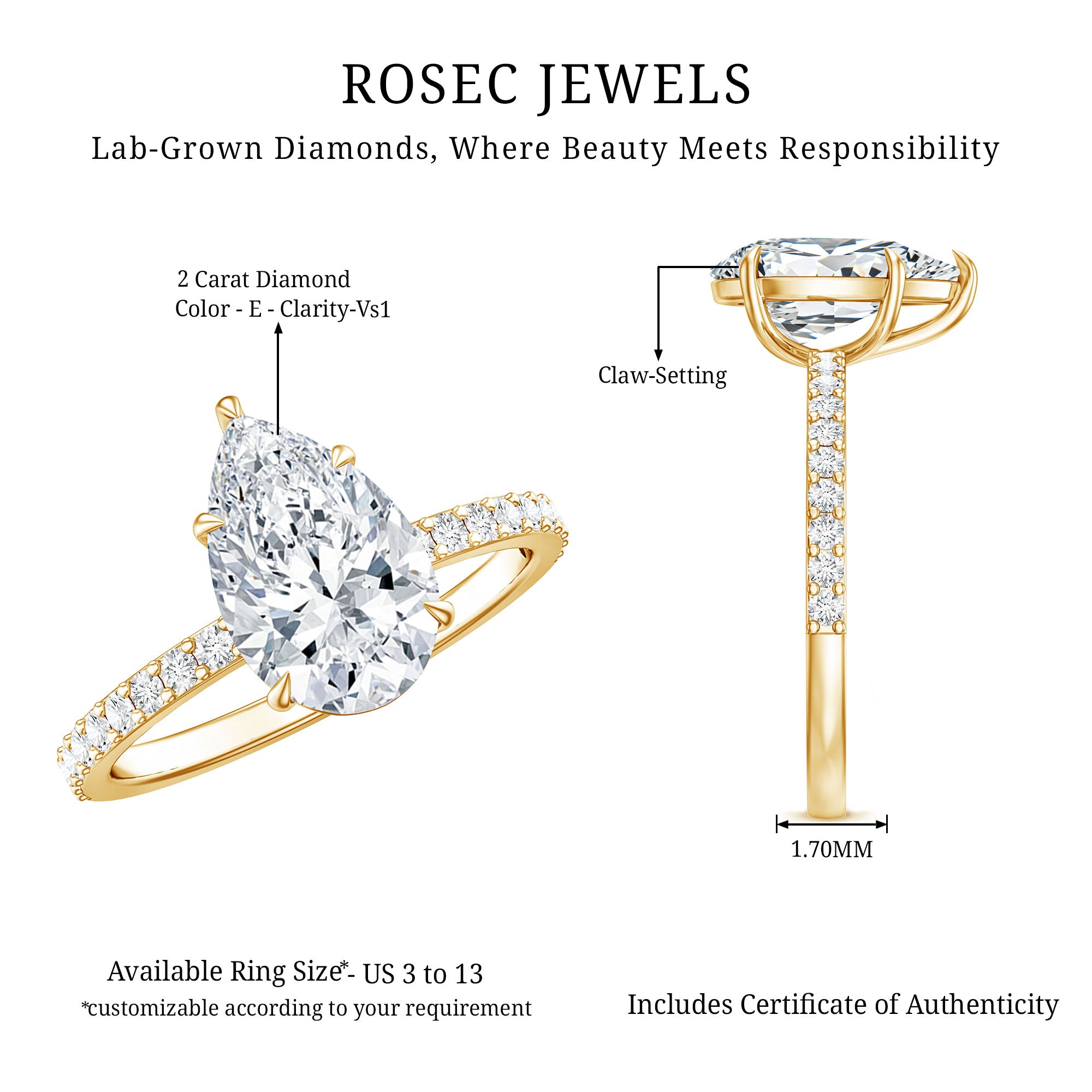 Rosec Jewels-IGI Certified 2 Carat Lab Grown Diamond Teardrop Engagement Ring with Side Stones