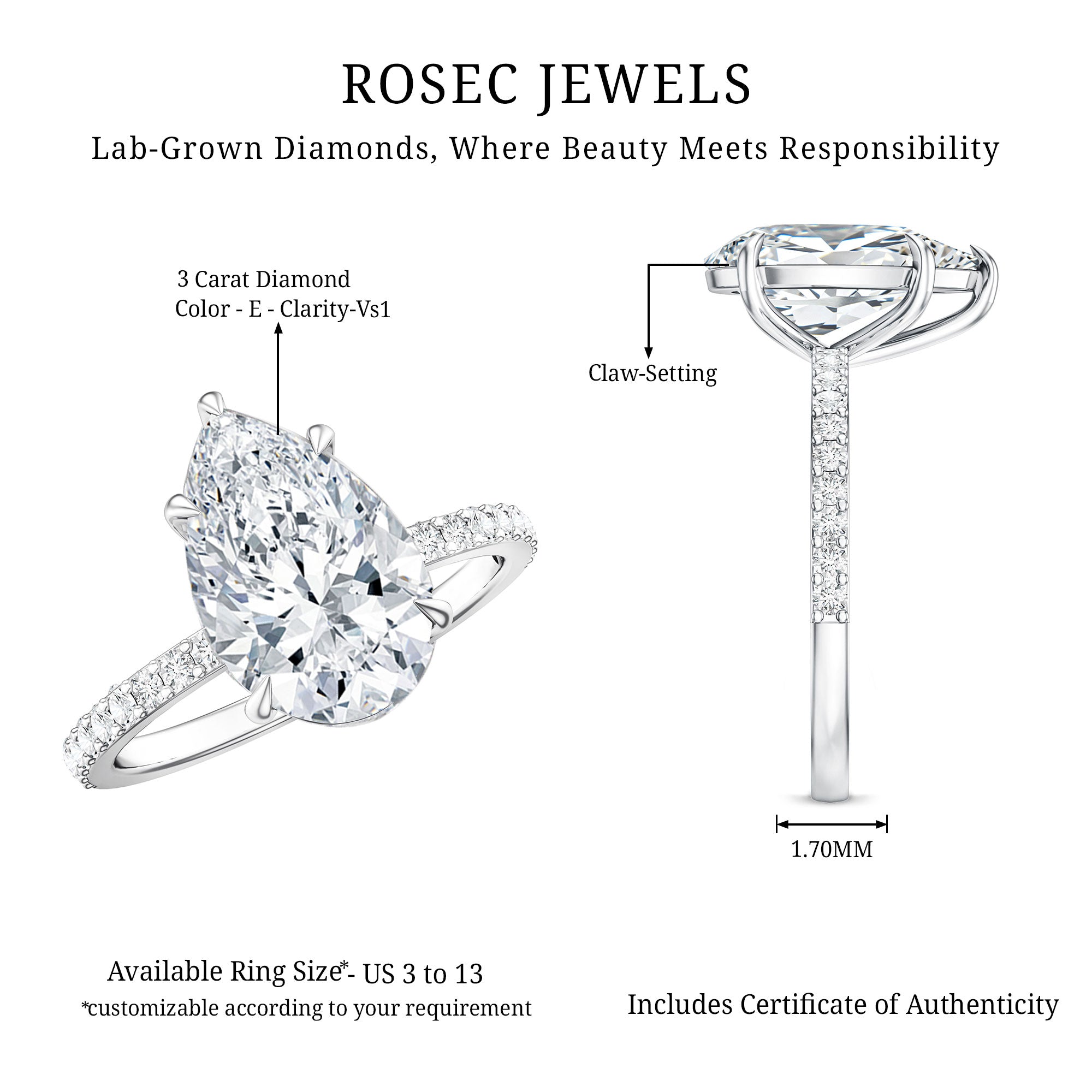 Rosec Jewels-IGI Certified 3 Carat Lab Grown Diamond Pear Shape Engagement Ring for Her