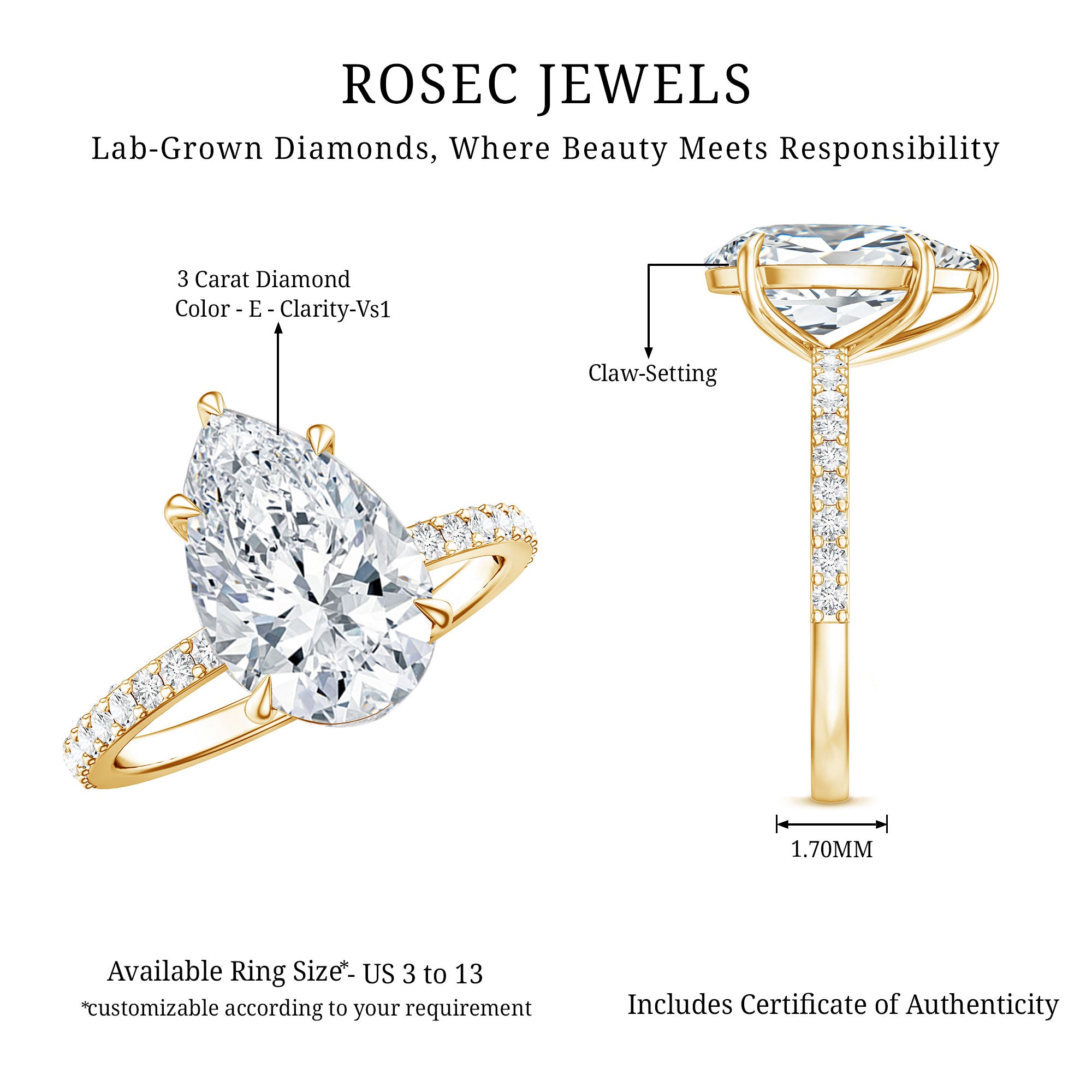 Rosec Jewels-IGI Certified 3 Carat Lab Grown Diamond Pear Shape Engagement Ring for Her