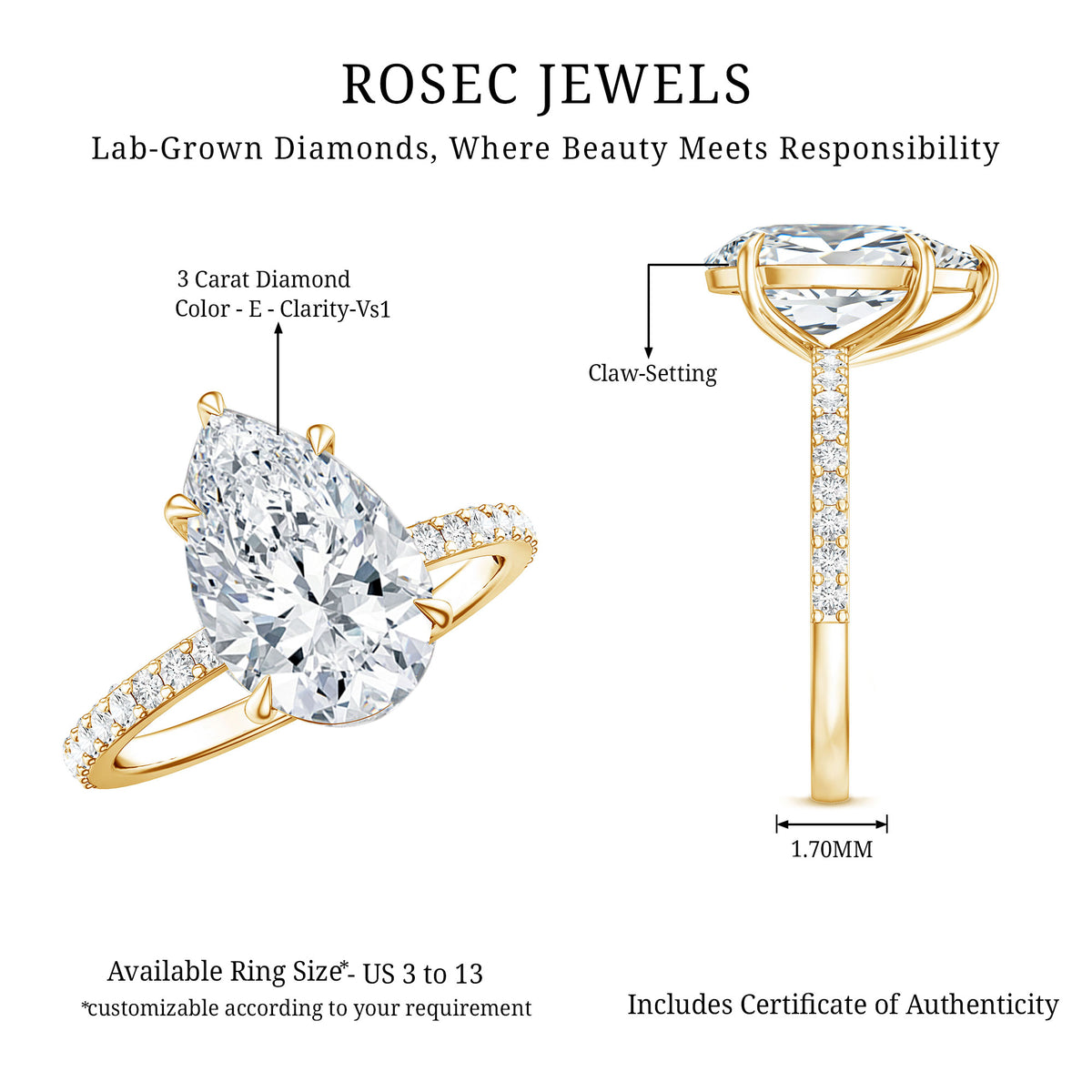 IGI Certified 3 Carat Pear Shape Lab Grown Diamond Engagement Ring with Side Stones Lab - ( E-VS1 ) - Rosec Jewels