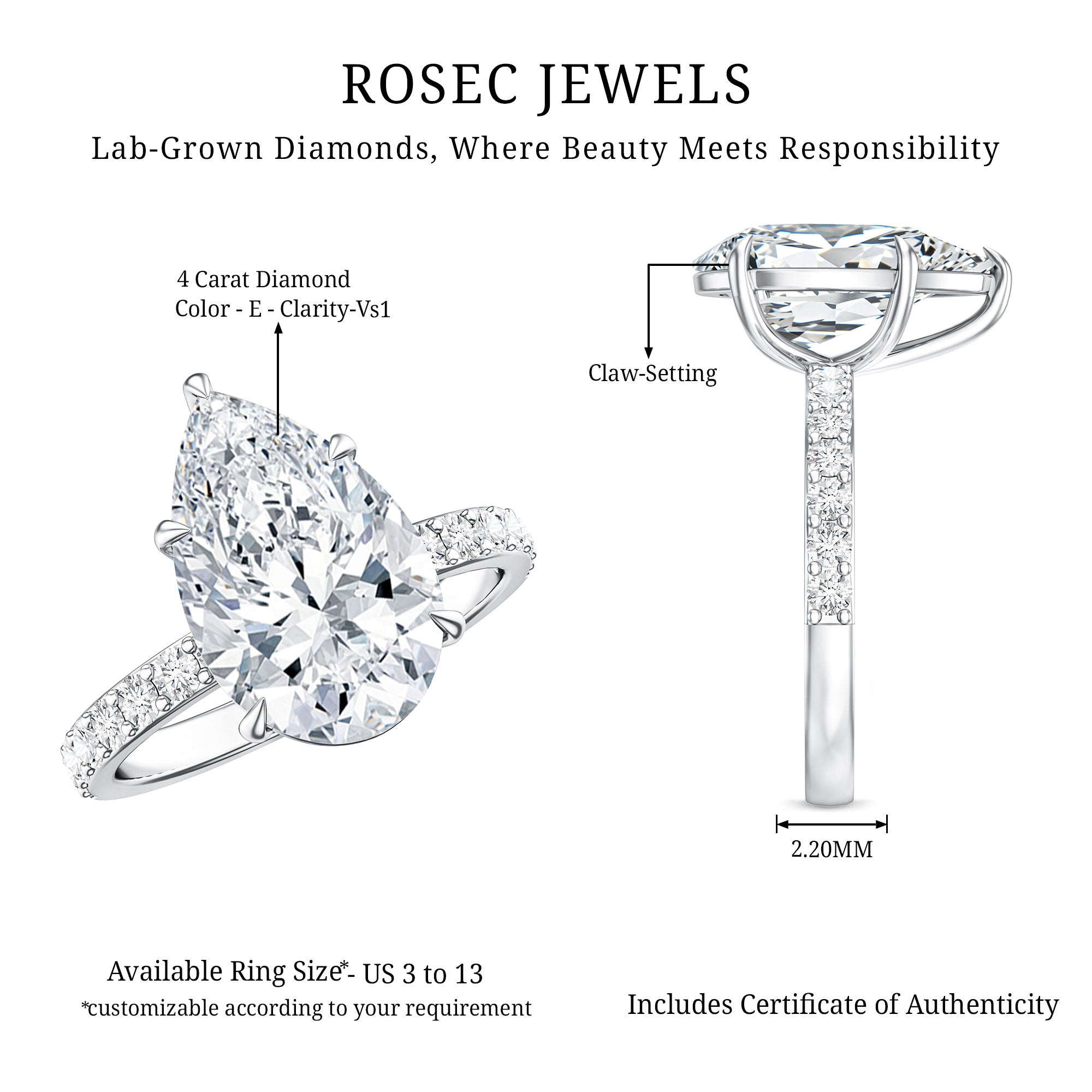 Rosec Jewels-4 Carat Pear Lab Grown Diamond Huge Engagement Ring with IGI Certificate