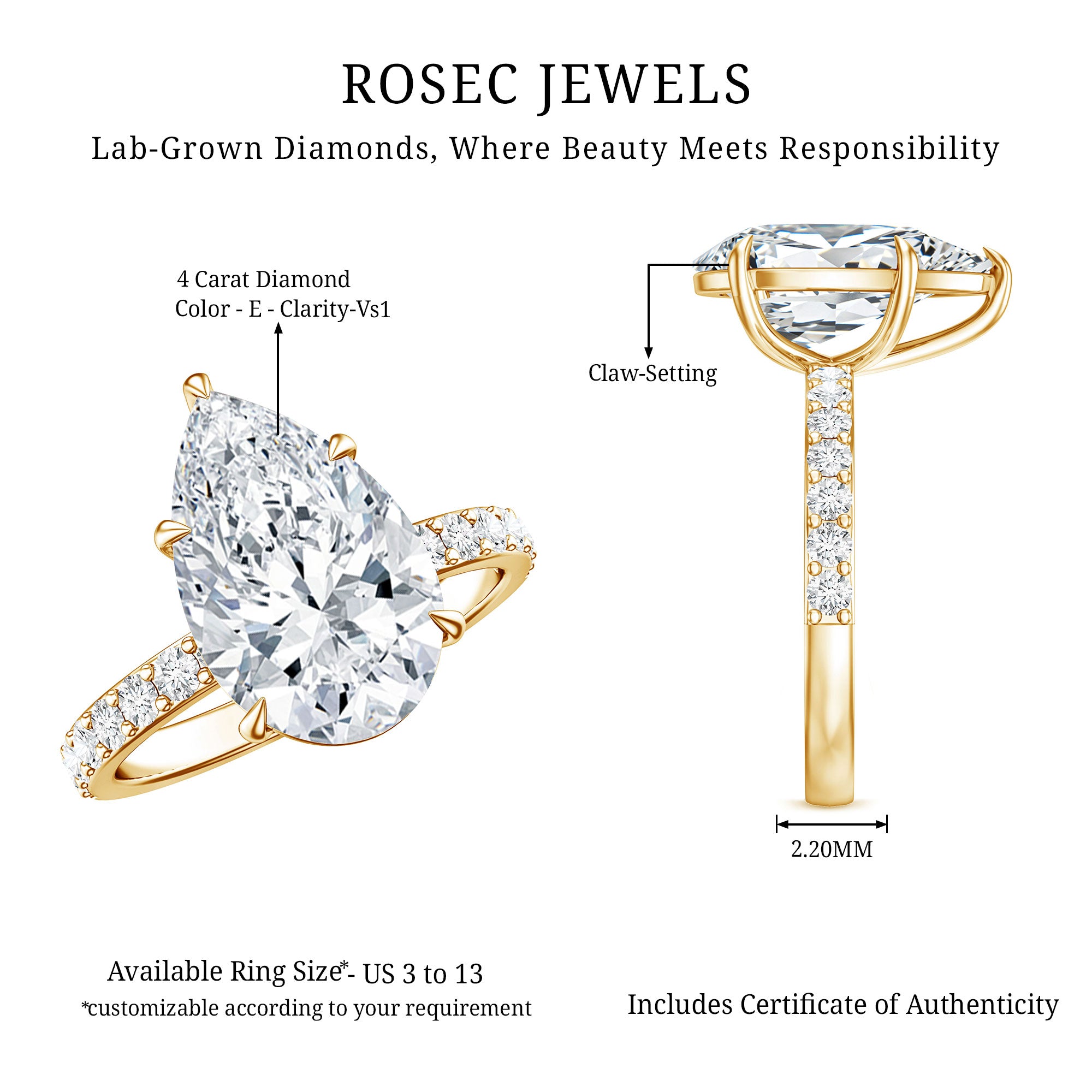 Rosec Jewels-4 Carat Pear Lab Grown Diamond Huge Engagement Ring with IGI Certificate