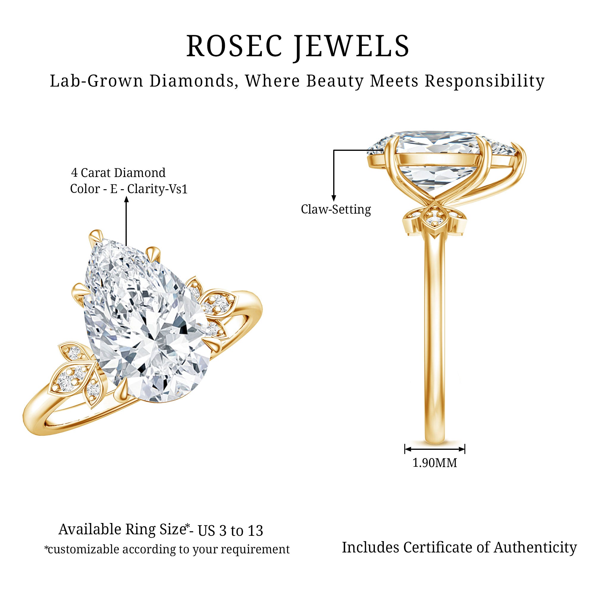 Rosec Jewels-IGI Certified Nature Inspired Lab Grown Diamond Pear Engagement Ring 4 Carat