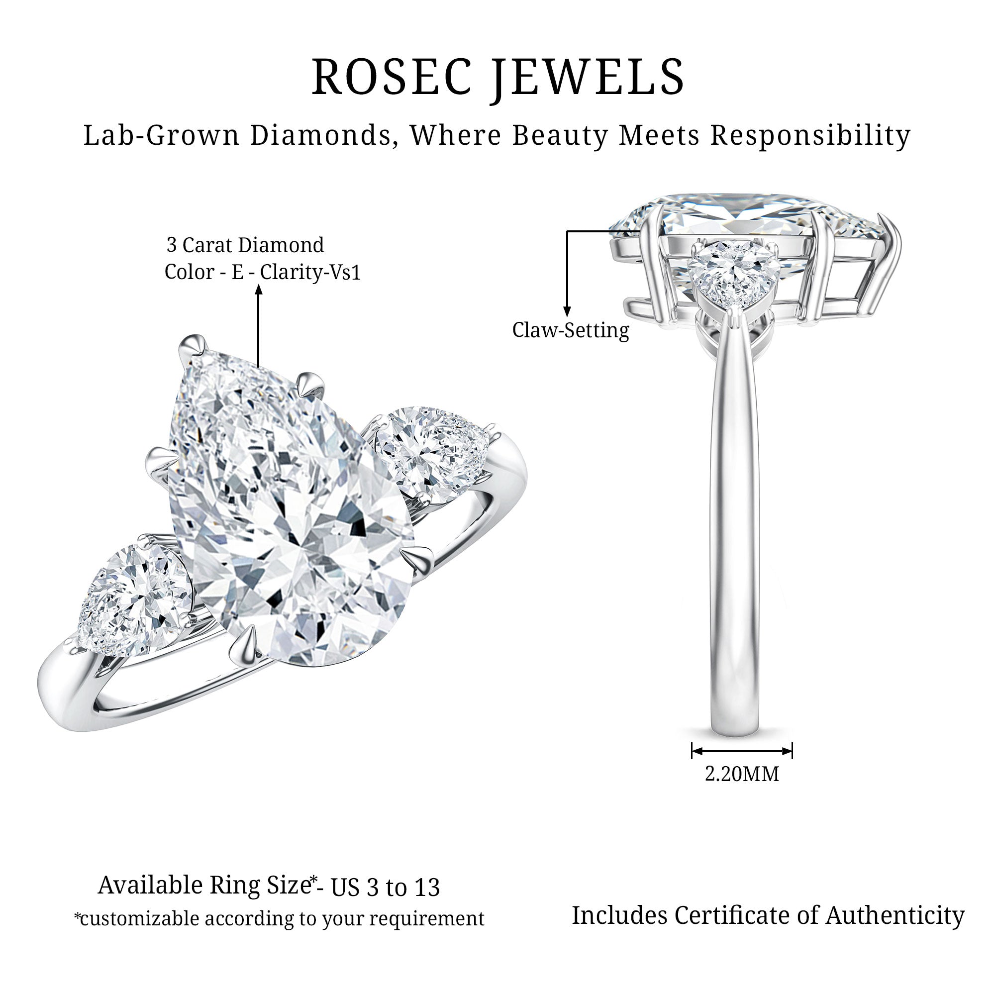 Rosec Jewels-Pear Shape 3 Carat Lab Grown Diamond Statement Ring for Women with IGI Certificate