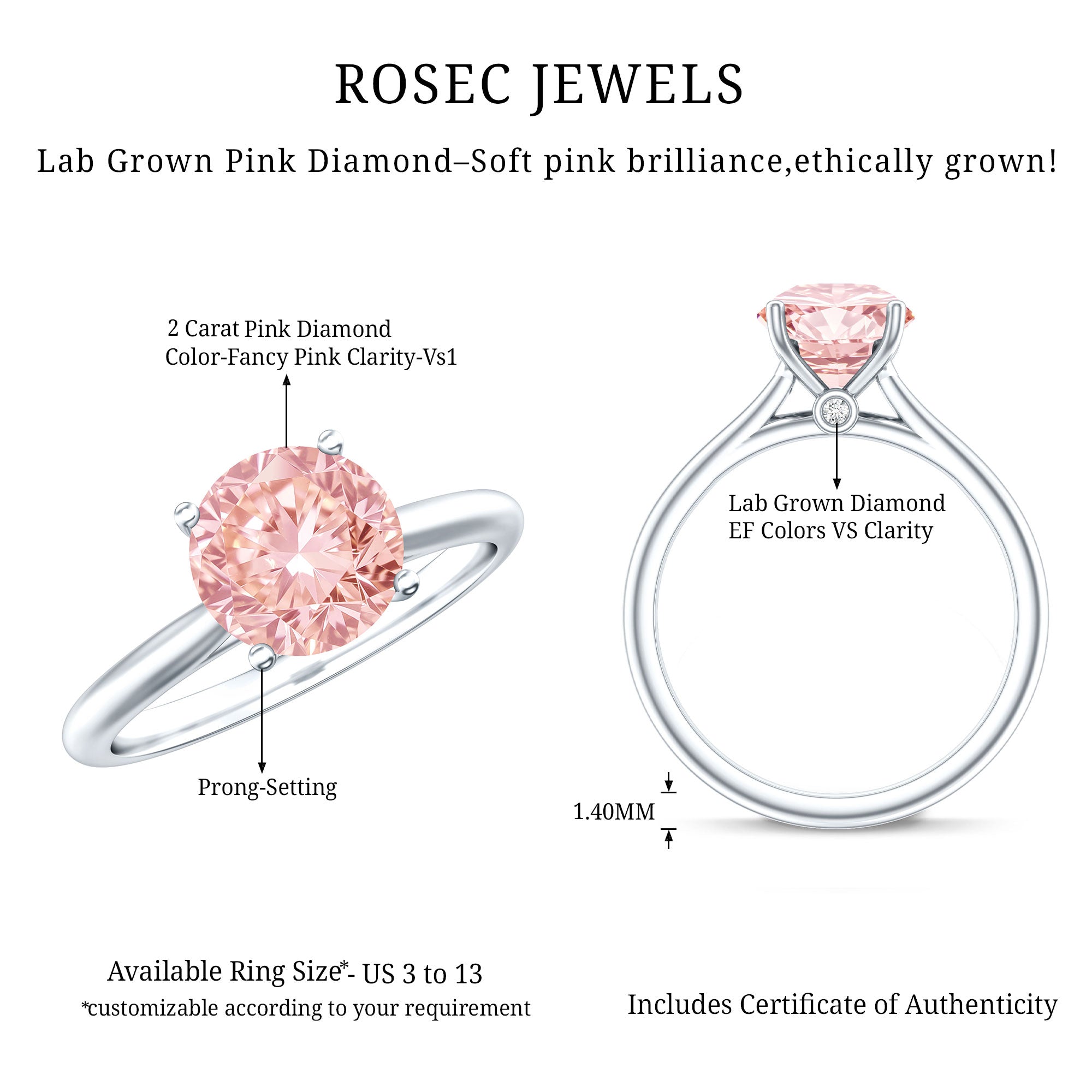 IGI Certified Round Lab Grown Pink Diamond 2 Carat Engagement Ring for Women Fancy Pink - VS1 - Rosec Jewels