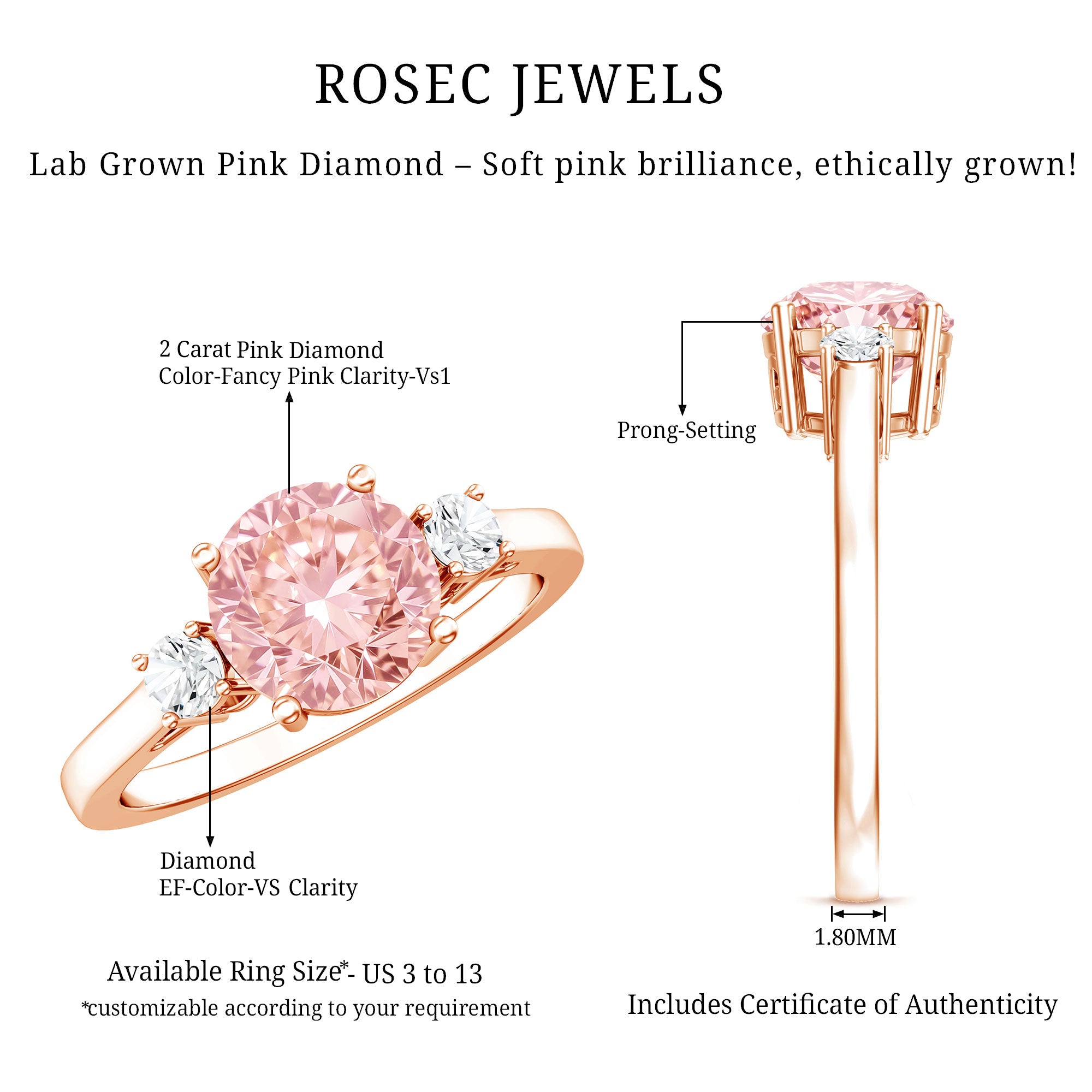 2 Carat Lab Grown Pink Diamond Three Stone Engagement Ring with IGI Certificate Fancy Pink - VS1 - Rosec Jewels