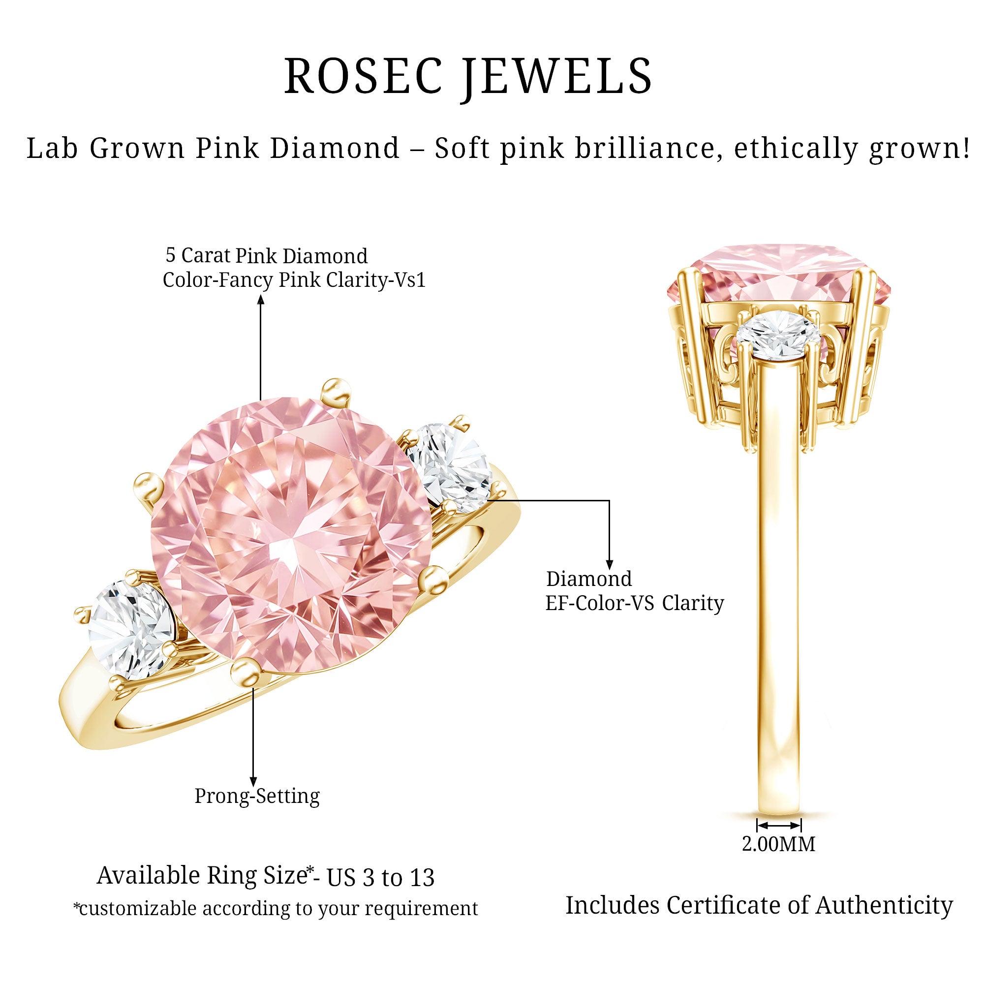 IGI Certified Lab Created Pink and White Diamond Three Stone Engagement Ring 5 Carat Fancy Pink - VS1 - Rosec Jewels