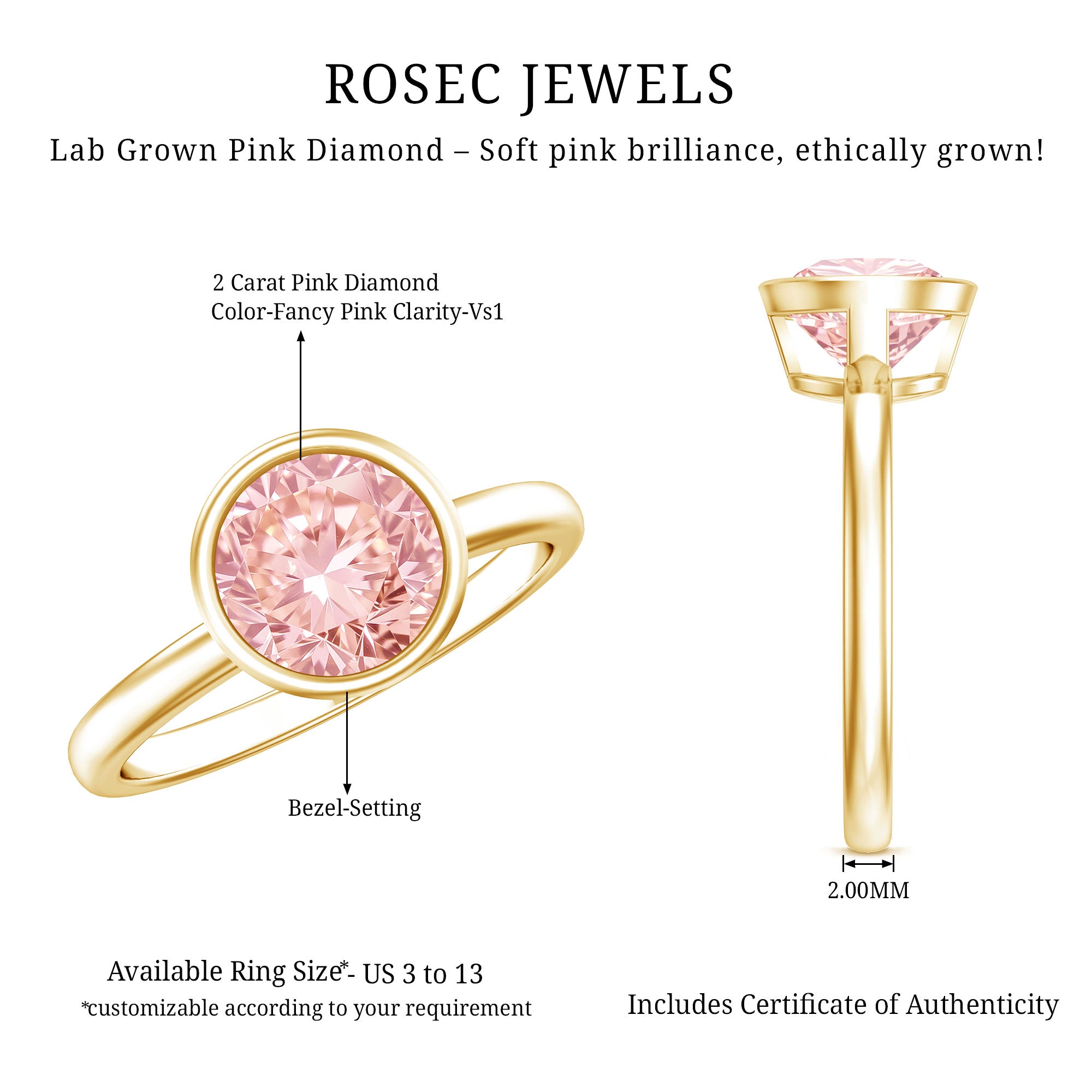 Solitaire 2 Carat Round Lab Grown Pink Diamond Engagement Ring IGI Certified Fancy Pink - VS1 - Rosec Jewels