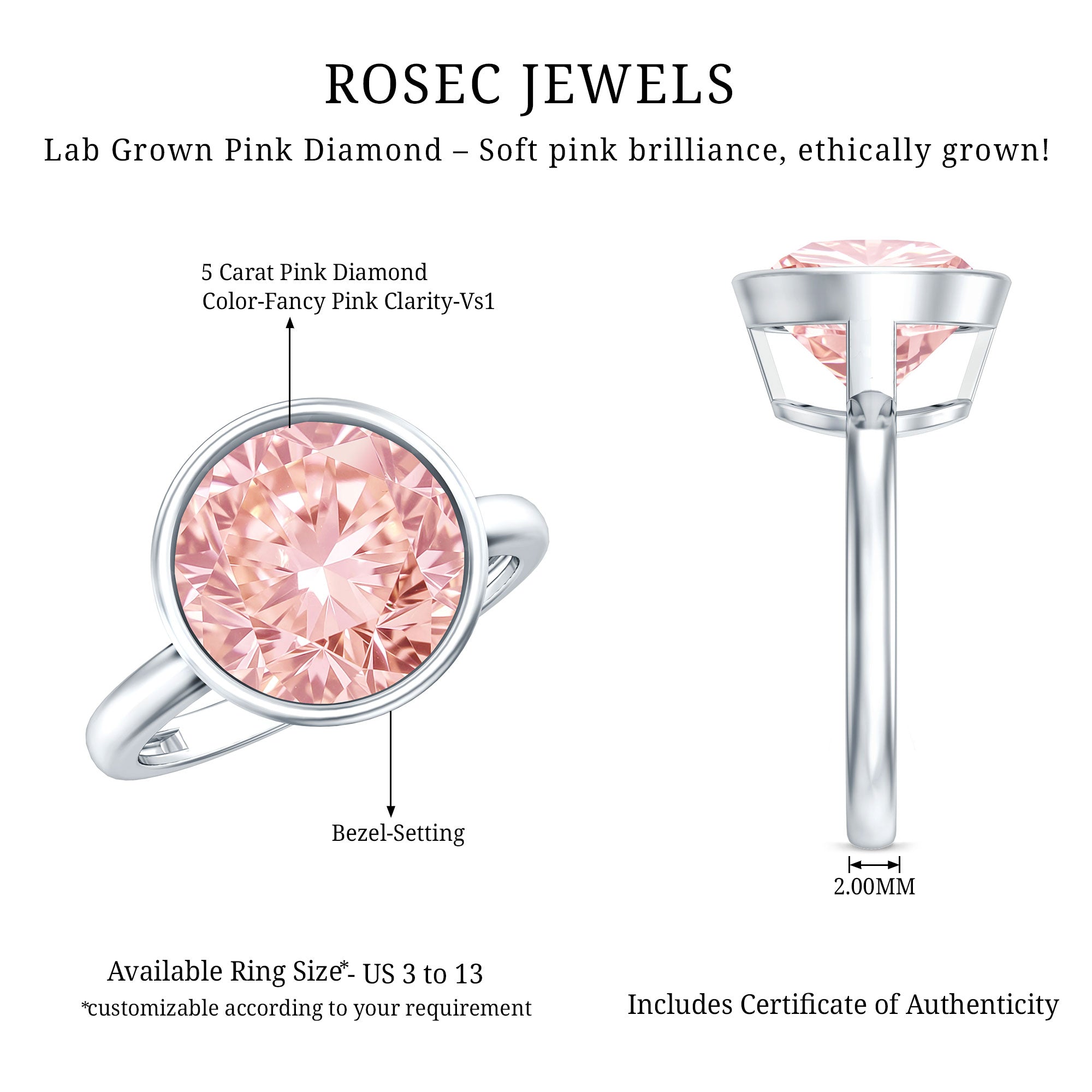 Large 5 Carat Lab Grown Pink Diamond Bezel Engagement Ring with IGI Certificate Fancy Pink - VS1 - Rosec Jewels