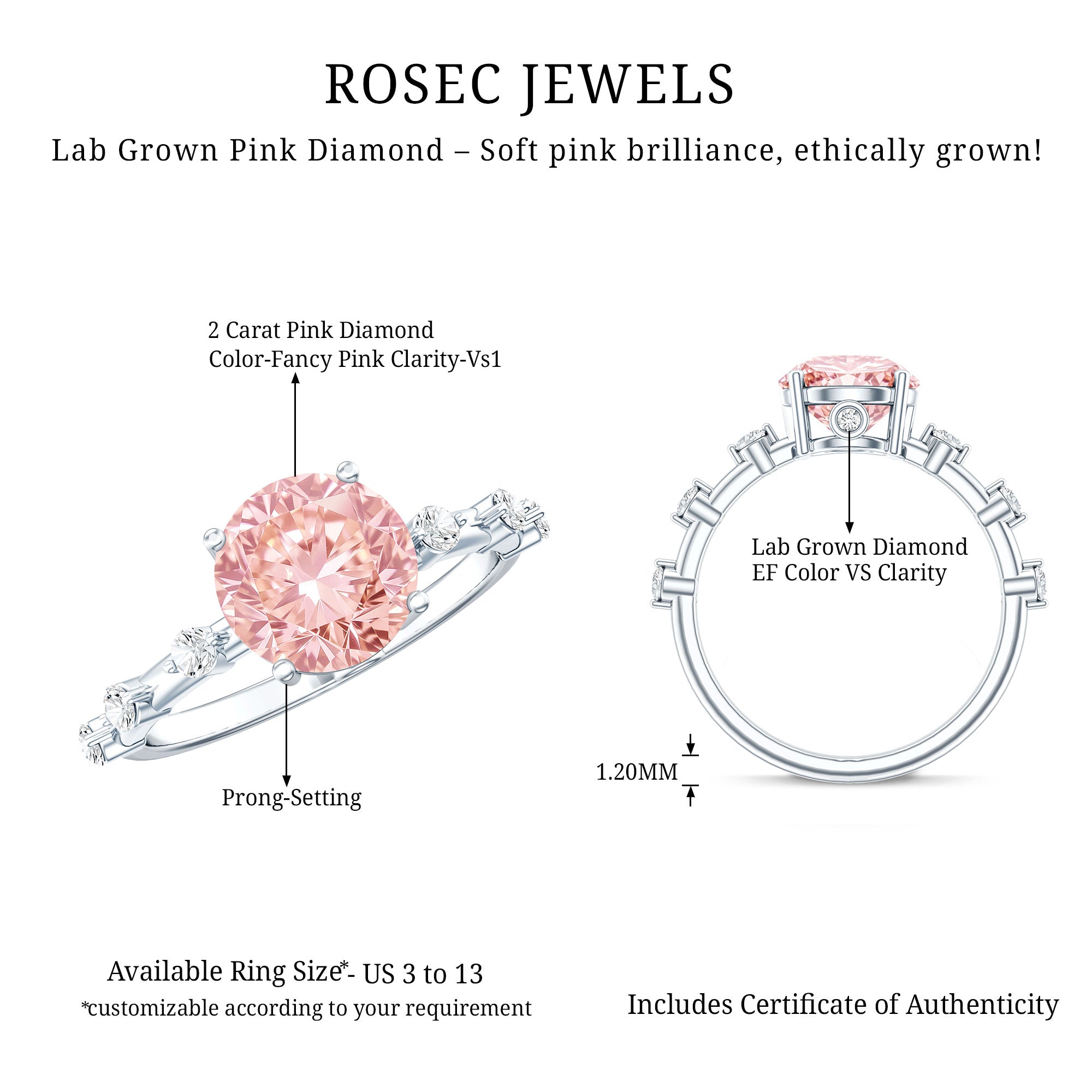 Rosec Jewels-IGI Certified 2 Carat Lab Created Pink Diamond Solitaire Engagement Ring for Women