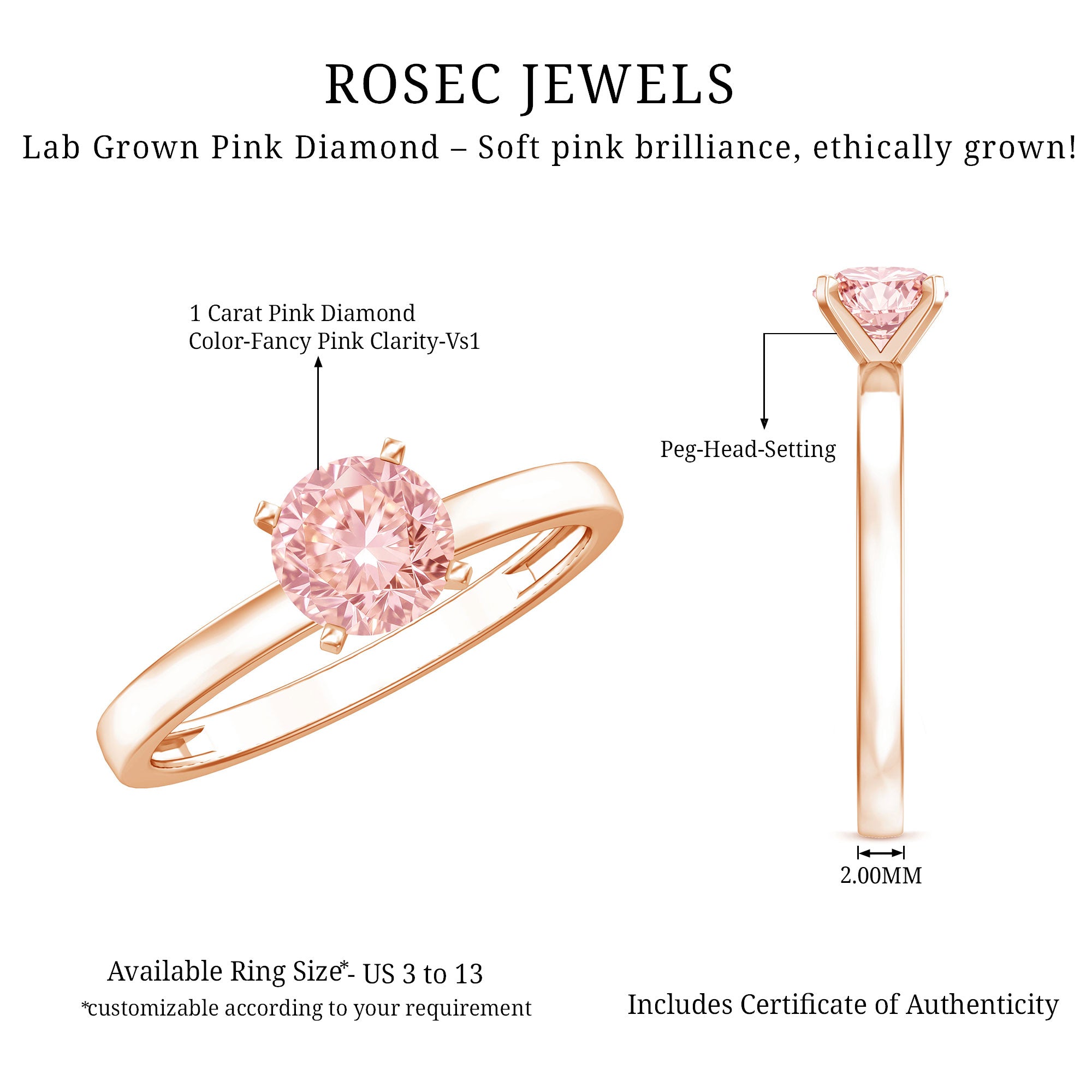 Lab Grown 1 Carat Pink Diamond Solitaire Engagement Ring with IGI Certificate Fancy Pink - VS1 - Rosec Jewels