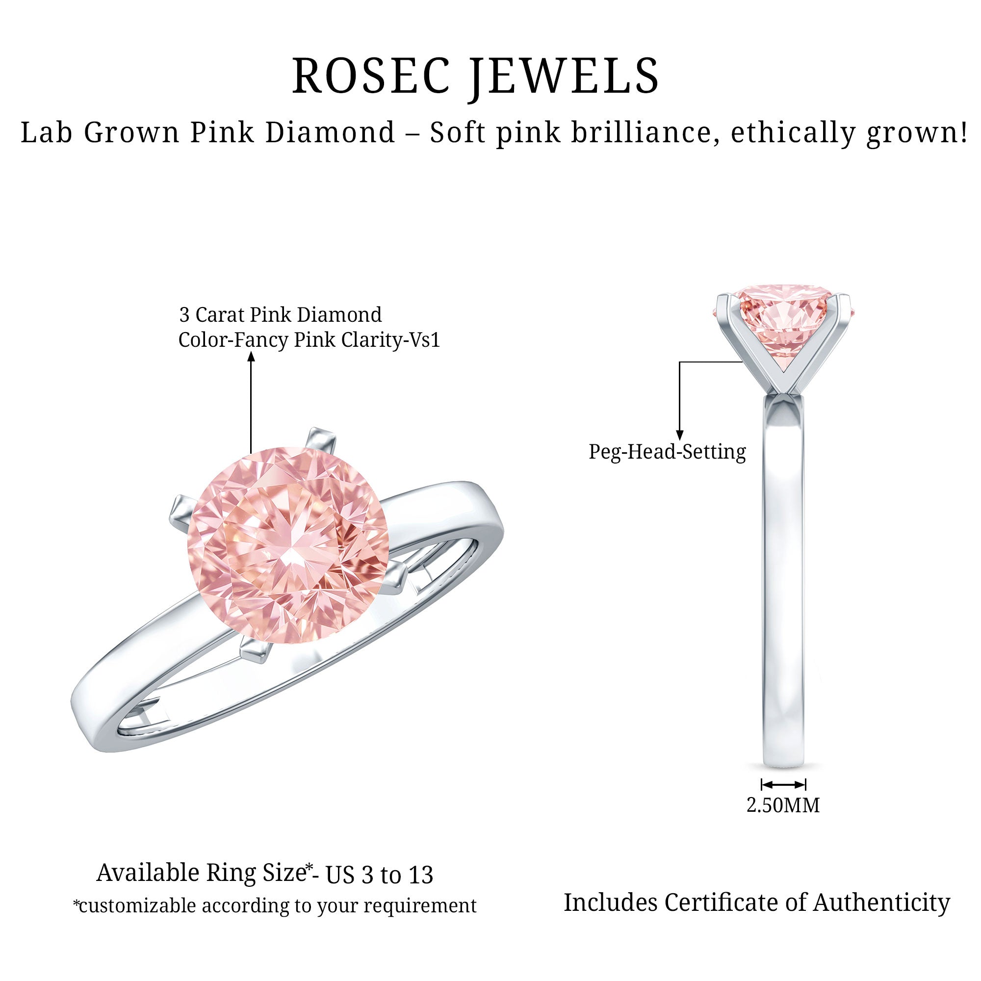 Lab Grown Pink Diamond 3 Carat Solitaire Engagement Ring with IGI Certificate Fancy Pink - VS1 - Rosec Jewels