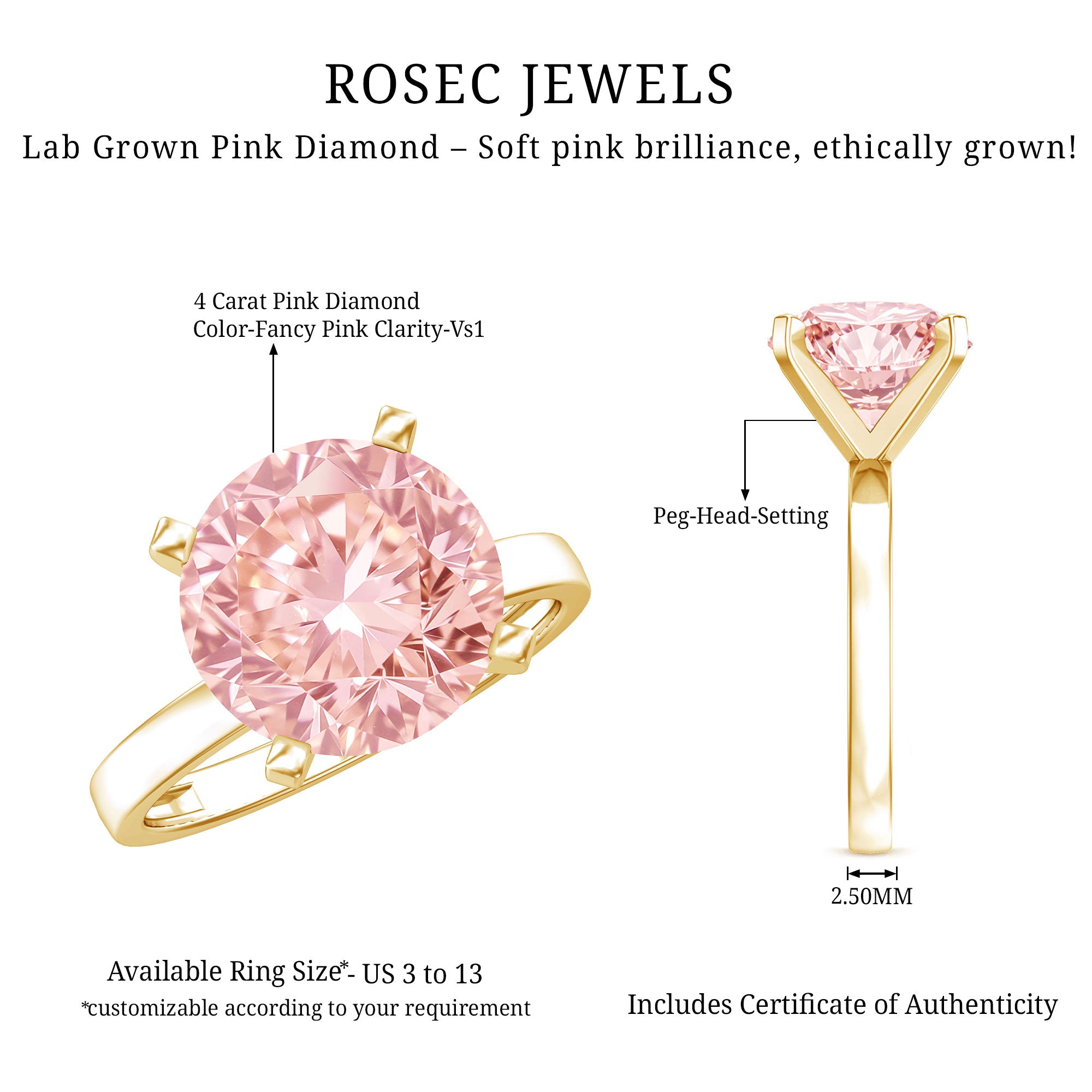Peg Headset Solitaire 4 Carat Lab Grown Pink Diamond Engagement Ring IGI Certified Fancy Pink - VS1 - Rosec Jewels