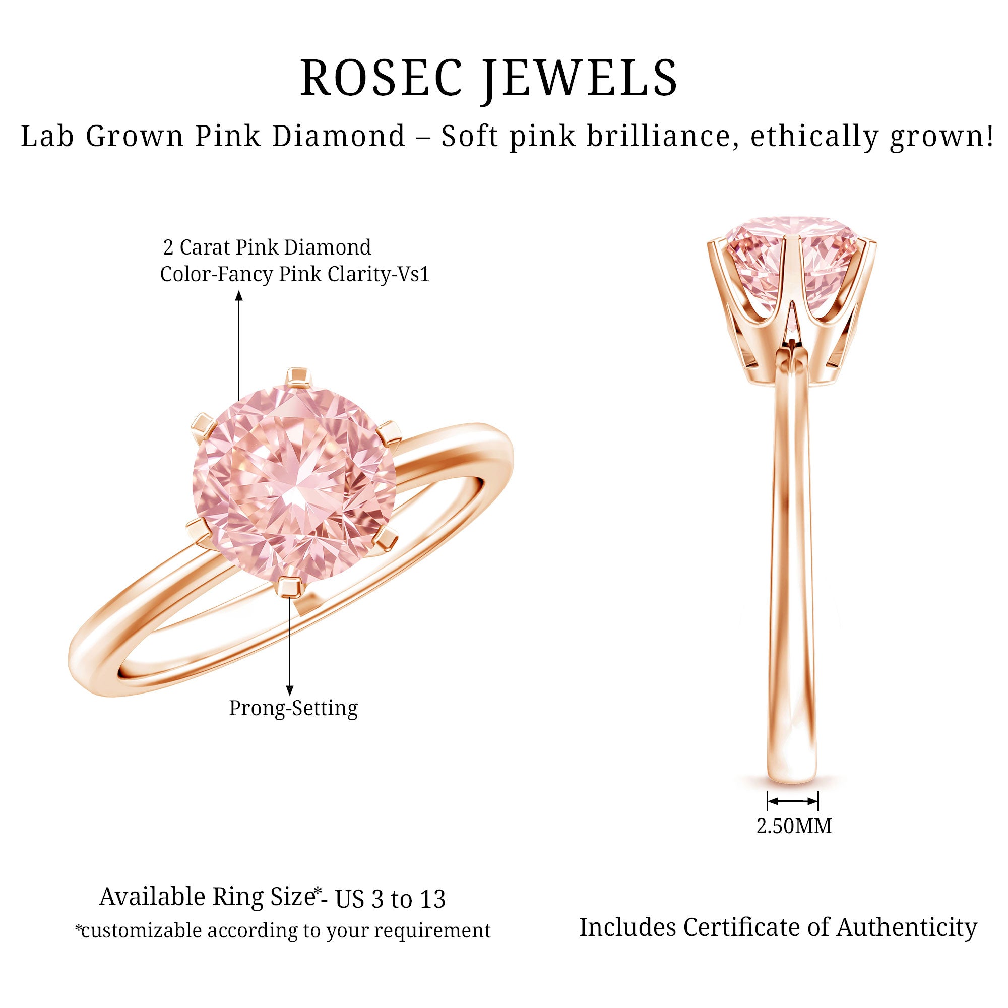 IGI Certified 2 Carat Lab Grown Pink Diamond Solitaire Engagement Ring For Her Fancy Pink - VS1 - Rosec Jewels