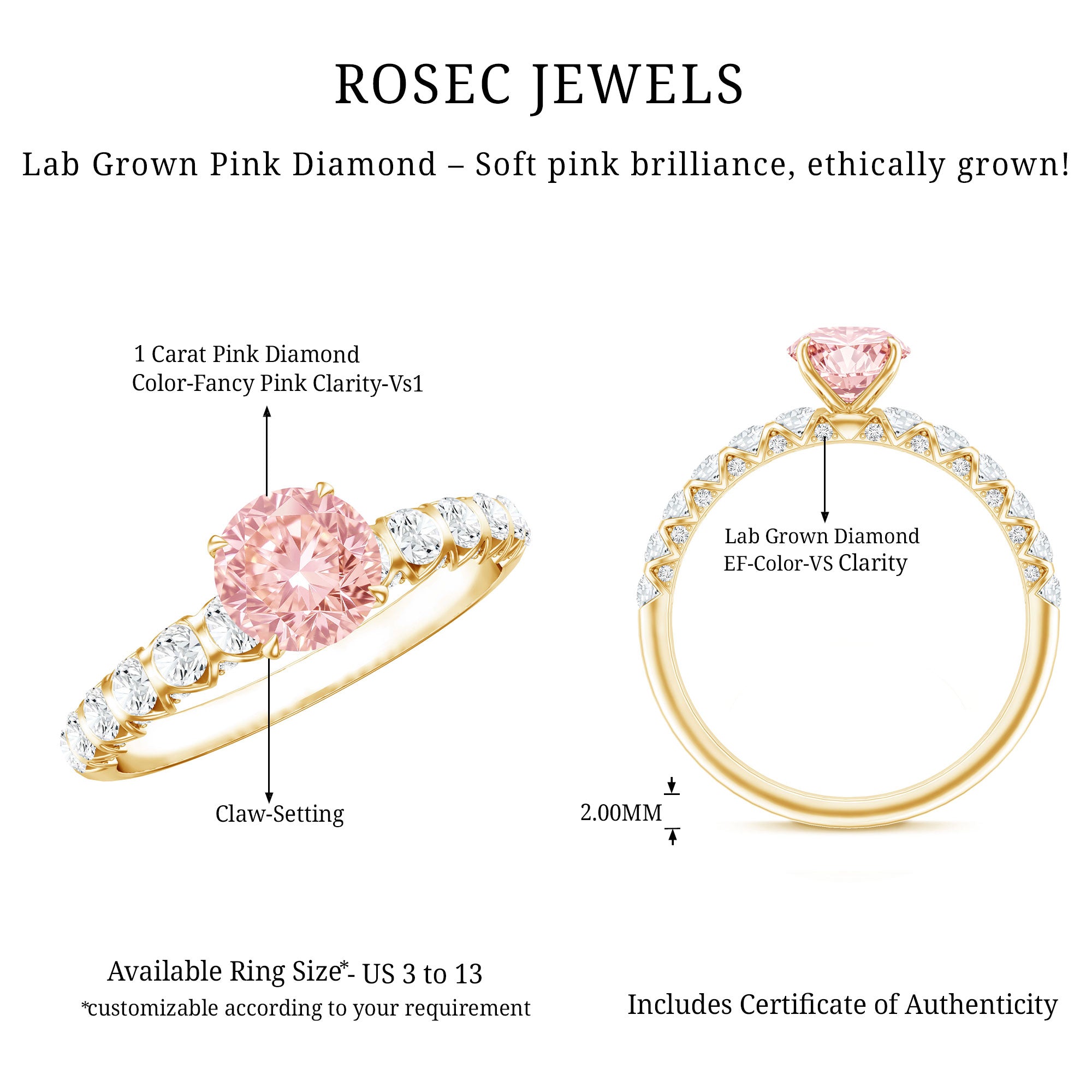 Rosec Jewels-IGI Certified 1 Carat Lab Grown Pink and White Diamond Engagement Ring with Side Stones