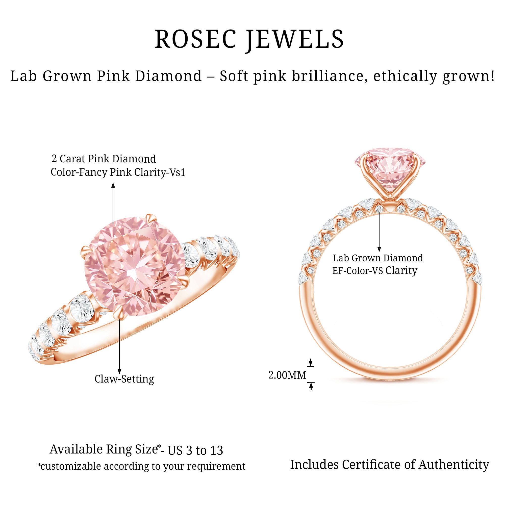 Rosec Jewels-2 Carat IGI Certified Lab Grown Pink and White Diamond Engagement Ring with Side Stones