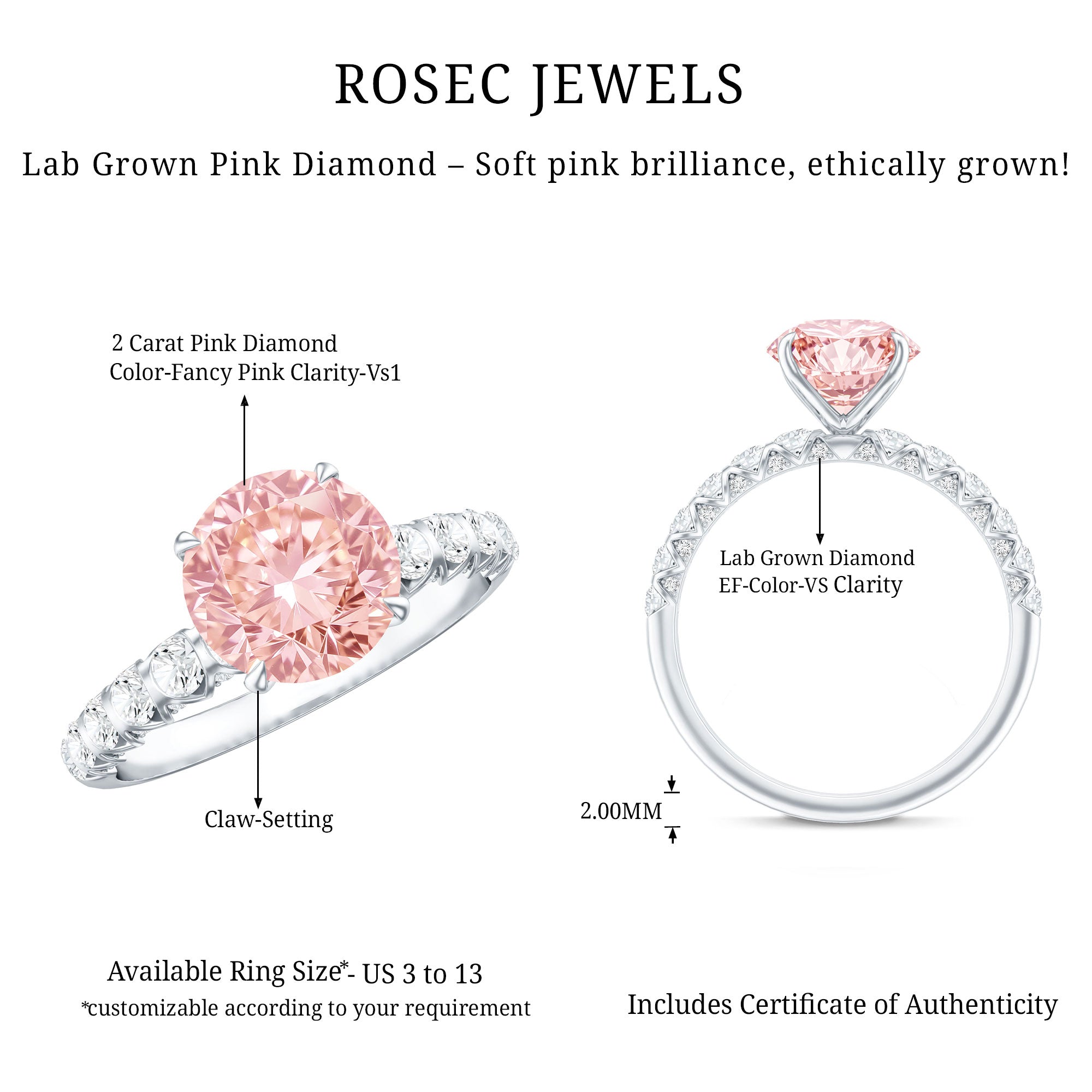 2 Carat IGI Certified Lab Grown Pink and White Diamond Engagement Ring with Side Stones Fancy Pink - VS1 - Rosec Jewels