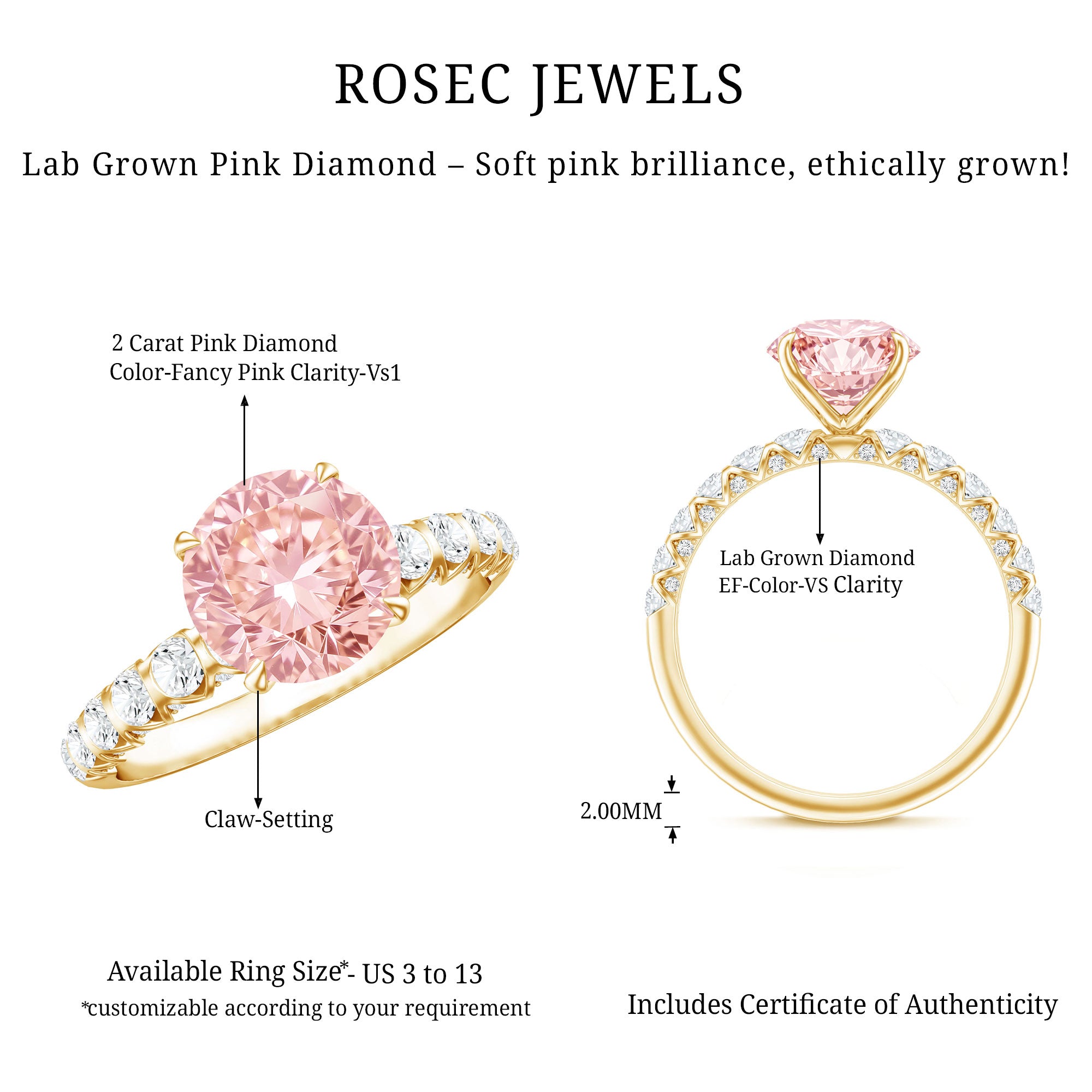 2 Carat IGI Certified Lab Grown Pink and White Diamond Engagement Ring with Side Stones Fancy Pink - VS1 - Rosec Jewels