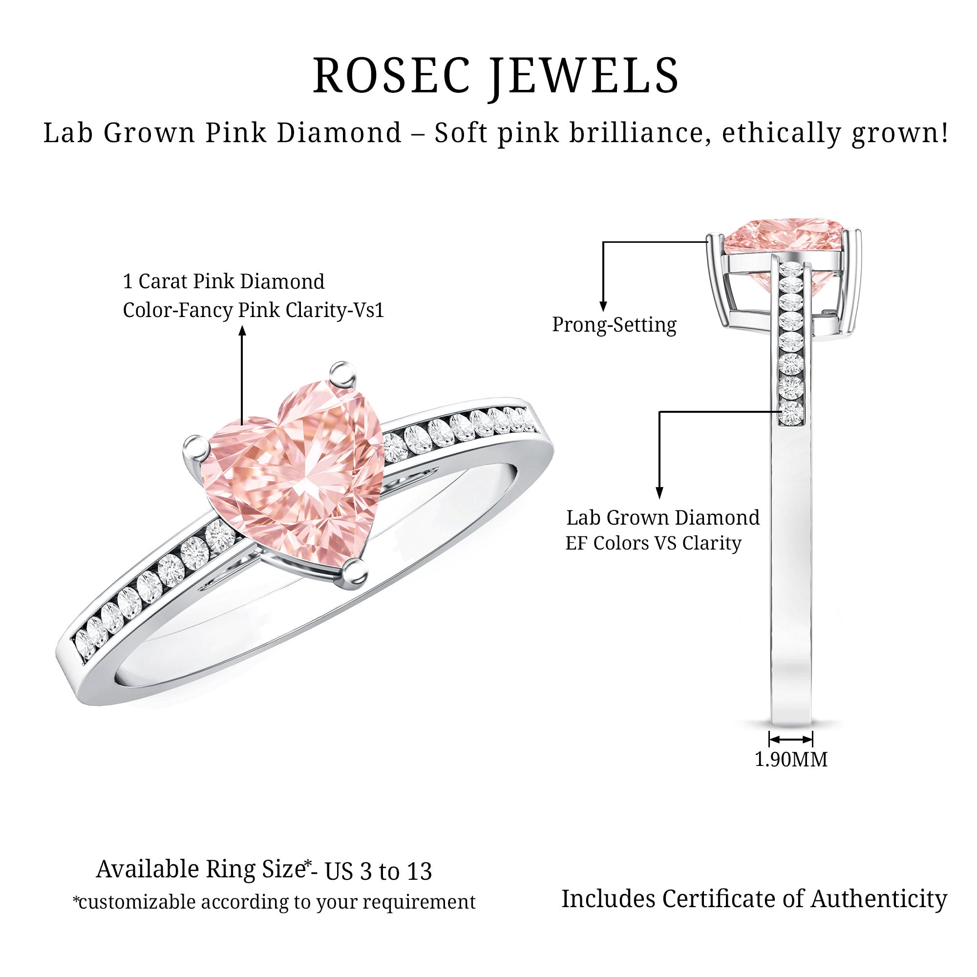 IGI Certified Heart Shape Lab Grown Pink Diamond Engagement Ring 1 Carat Fancy Pink - VS1 - Rosec Jewels