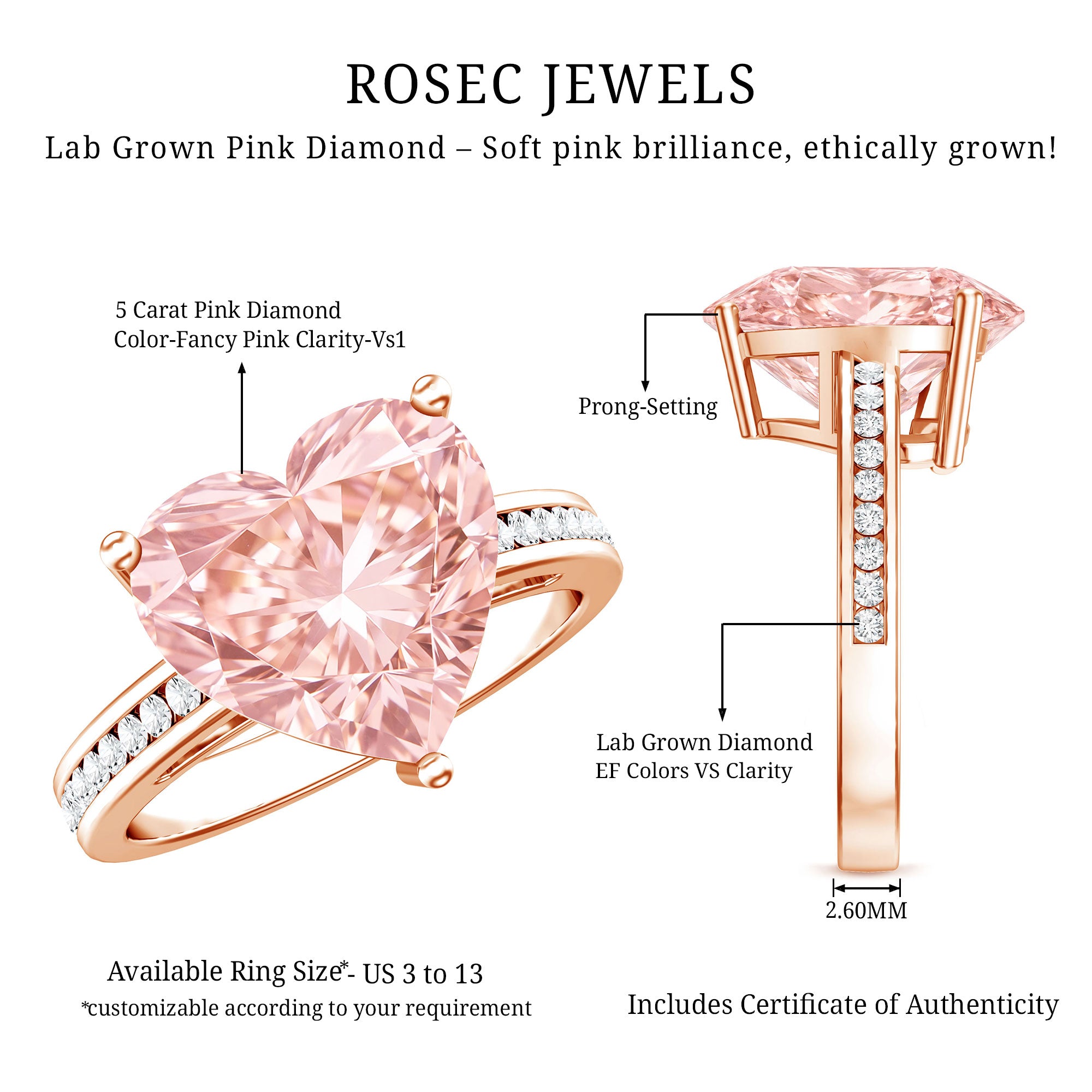 IGI Certified 5 Carat Lab Grown Pink Diamond Heart Solitaire Engagement Ring Fancy Pink - VS1 - Rosec Jewels