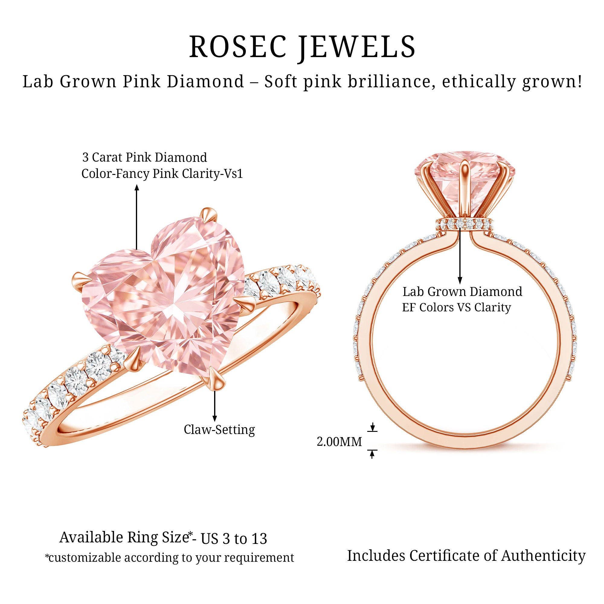 3 Carat Lab Grown Diamond Pink Heart Engagement Ring with IGI Certificate Fancy Pink - VS1 - Rosec Jewels
