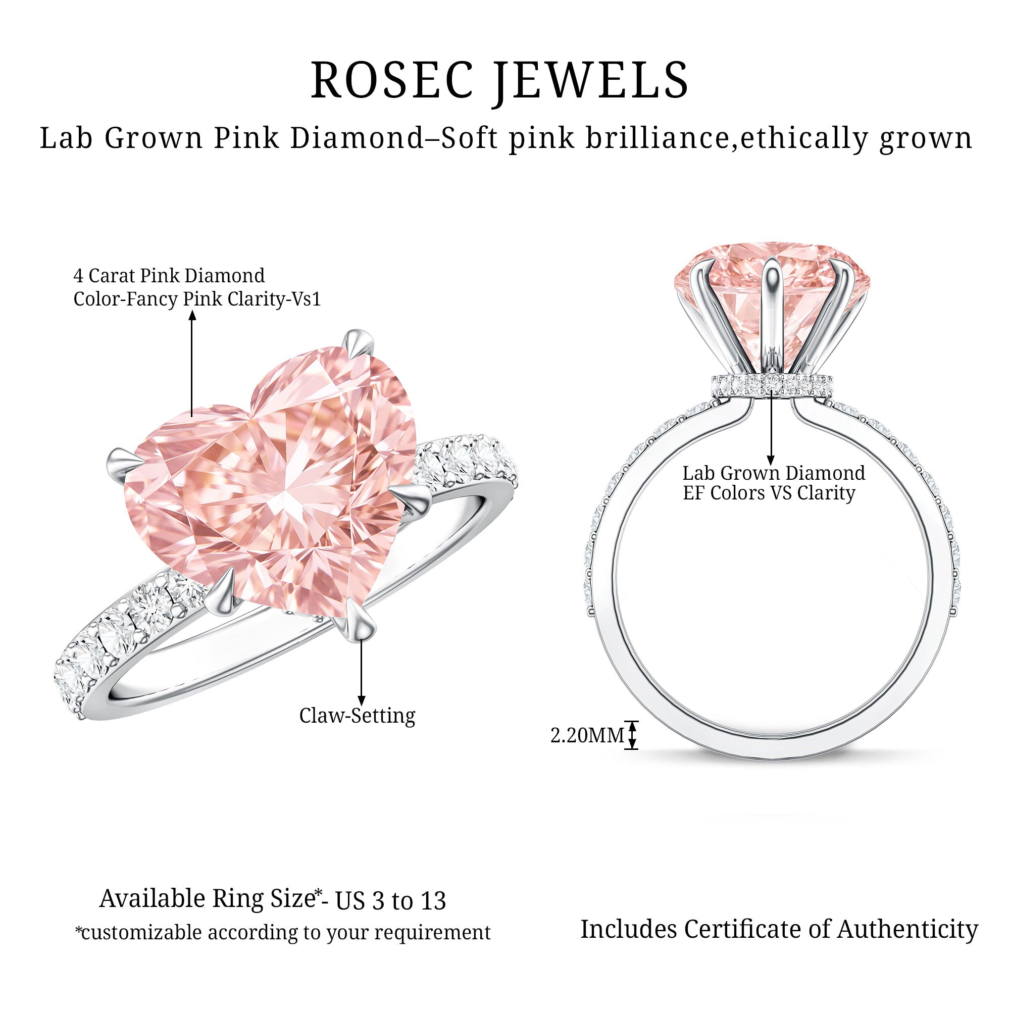 IGI Certified 4 Ct Lab Grown Pink Diamond Heart Engagement Ring with Hidden Halo Fancy Pink - VS1 - Rosec Jewels