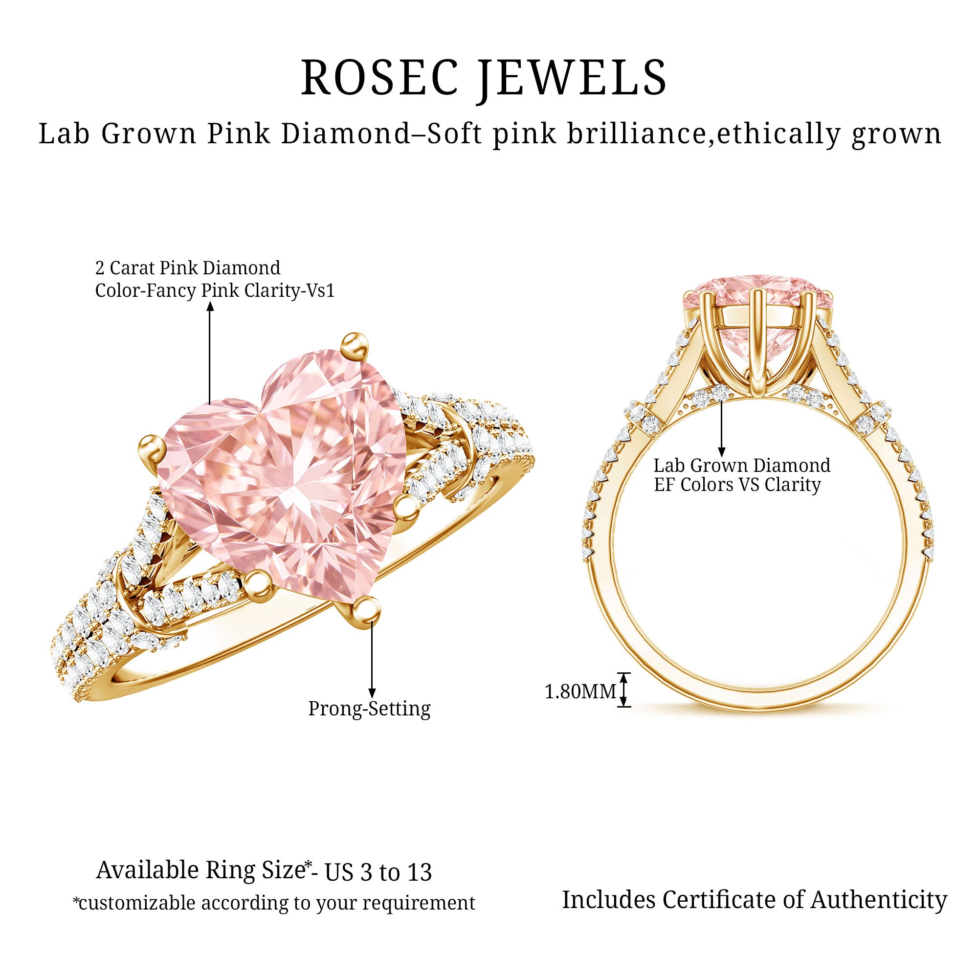 2 Carat IGI Certified Lab Grown Pink Diamond Heart Engagement Ring with Split Shank Fancy Pink - VS1 - Rosec Jewels