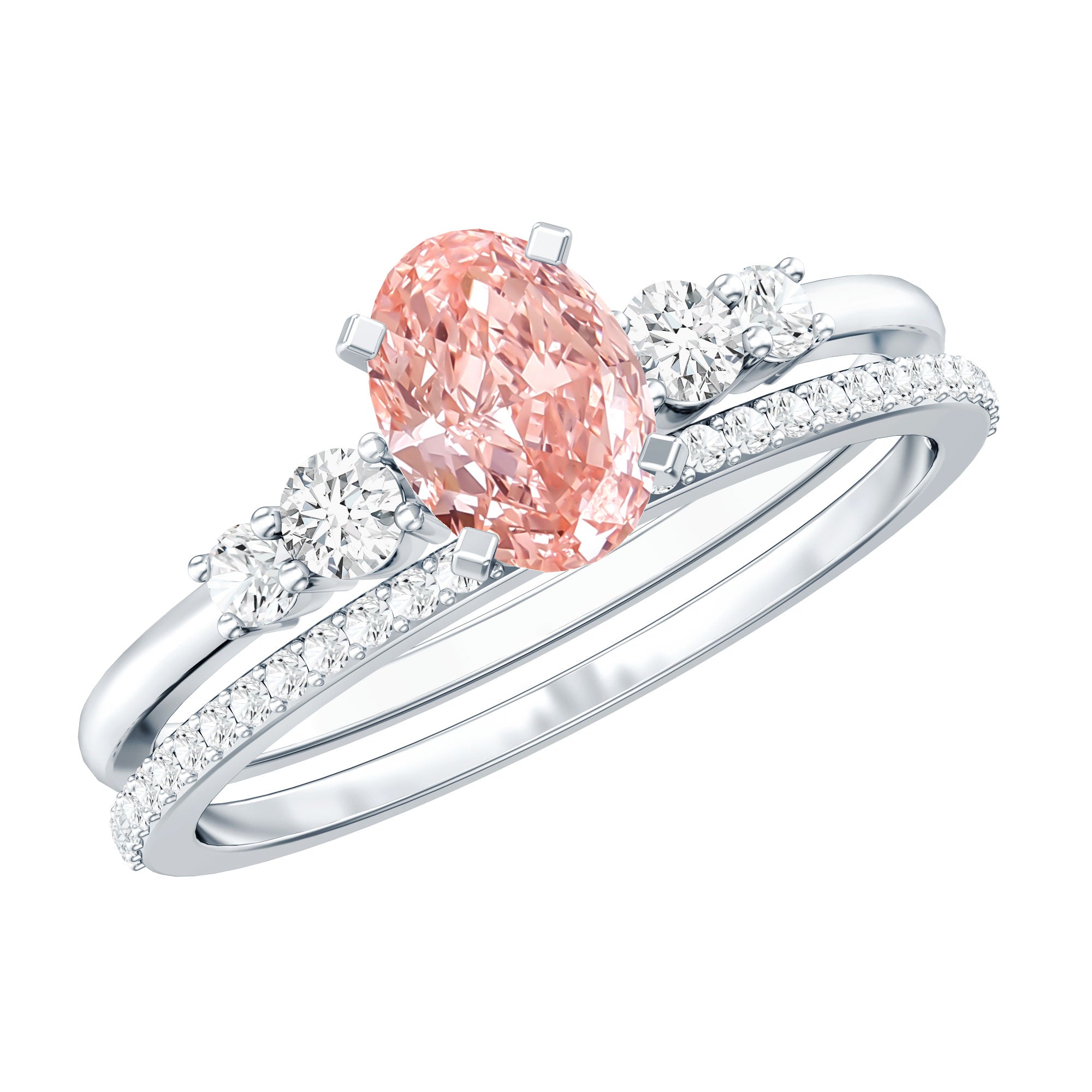 Rosec Jewels-IGI Certified 1 Carat Lab Grown Pink and White Diamond Oval Engagement Ring Set