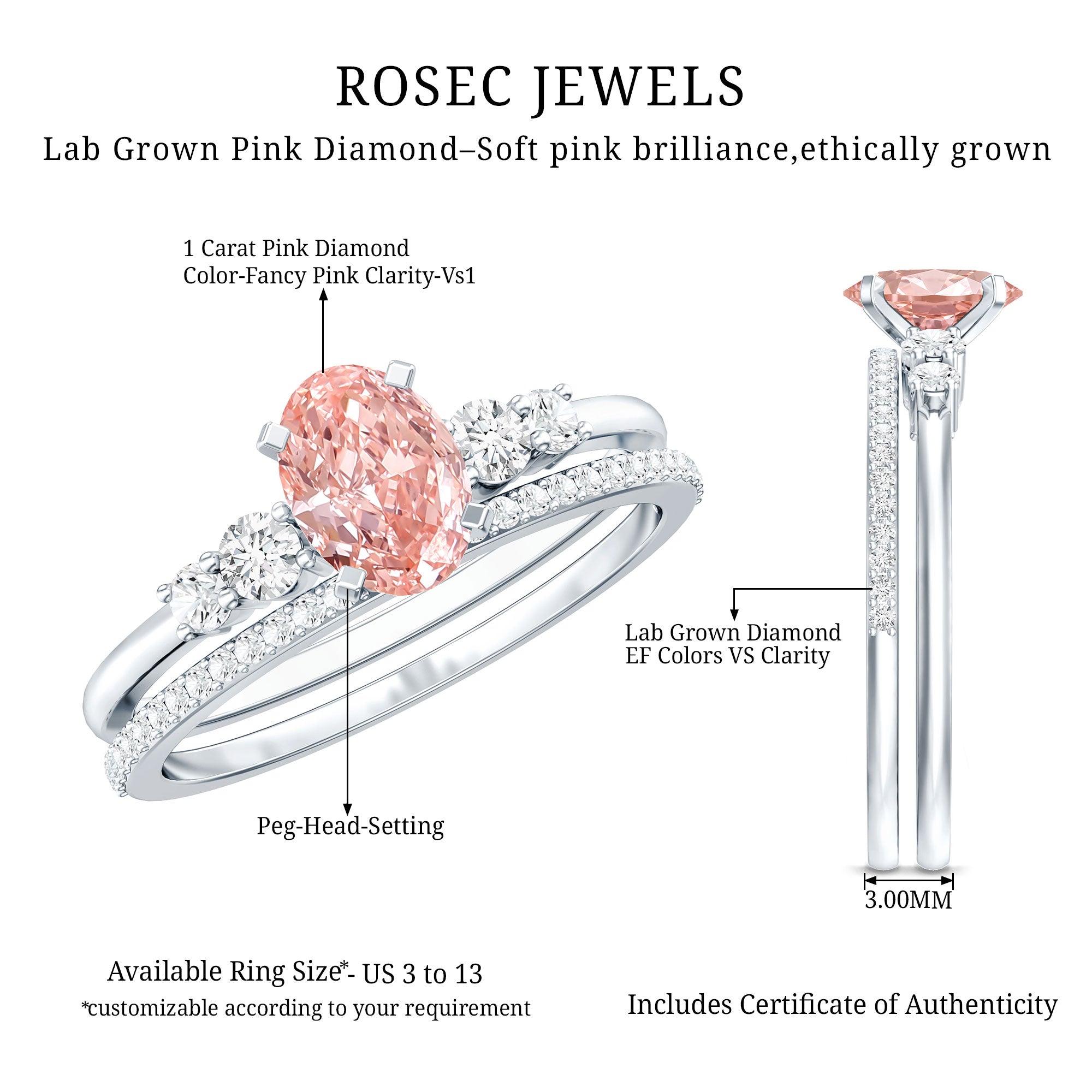 Rosec Jewels-IGI Certified 1 Carat Lab Grown Pink and White Diamond Oval Engagement Ring Set