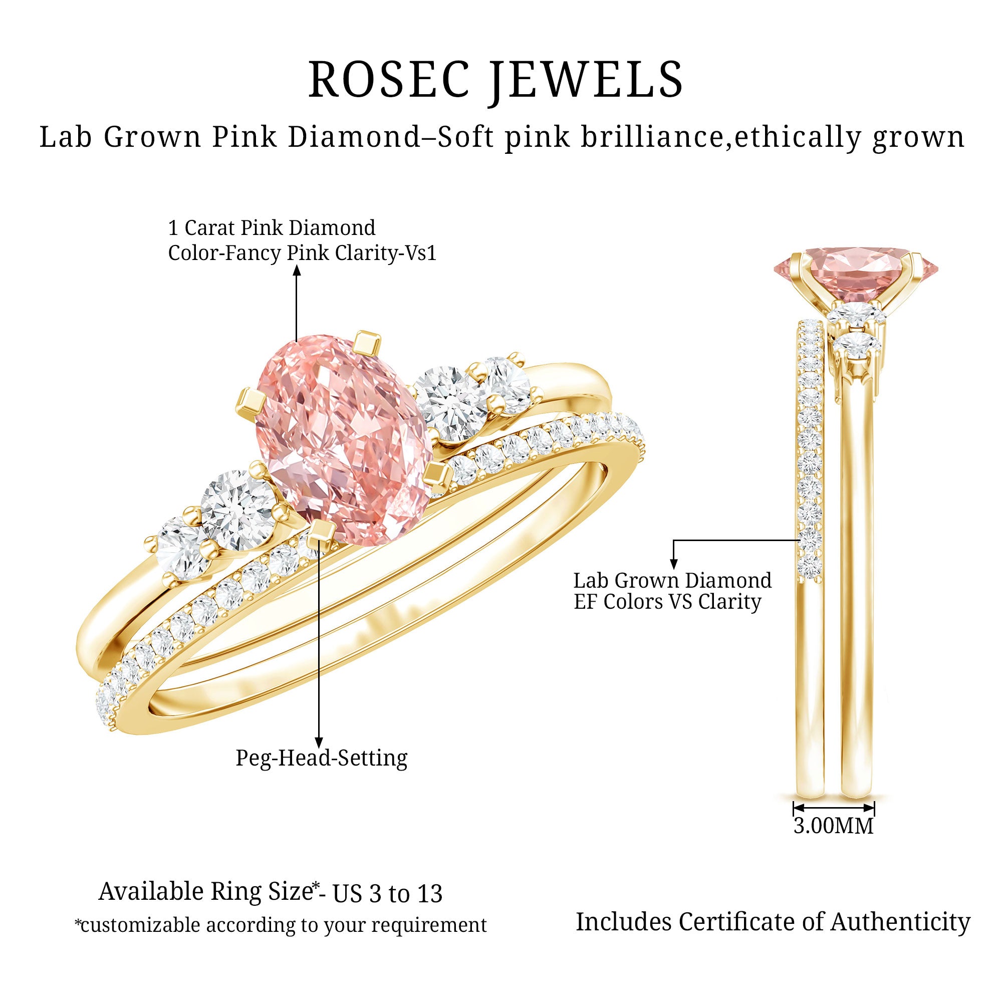 Rosec Jewels-IGI Certified 1 Carat Lab Grown Pink and White Diamond Oval Engagement Ring Set