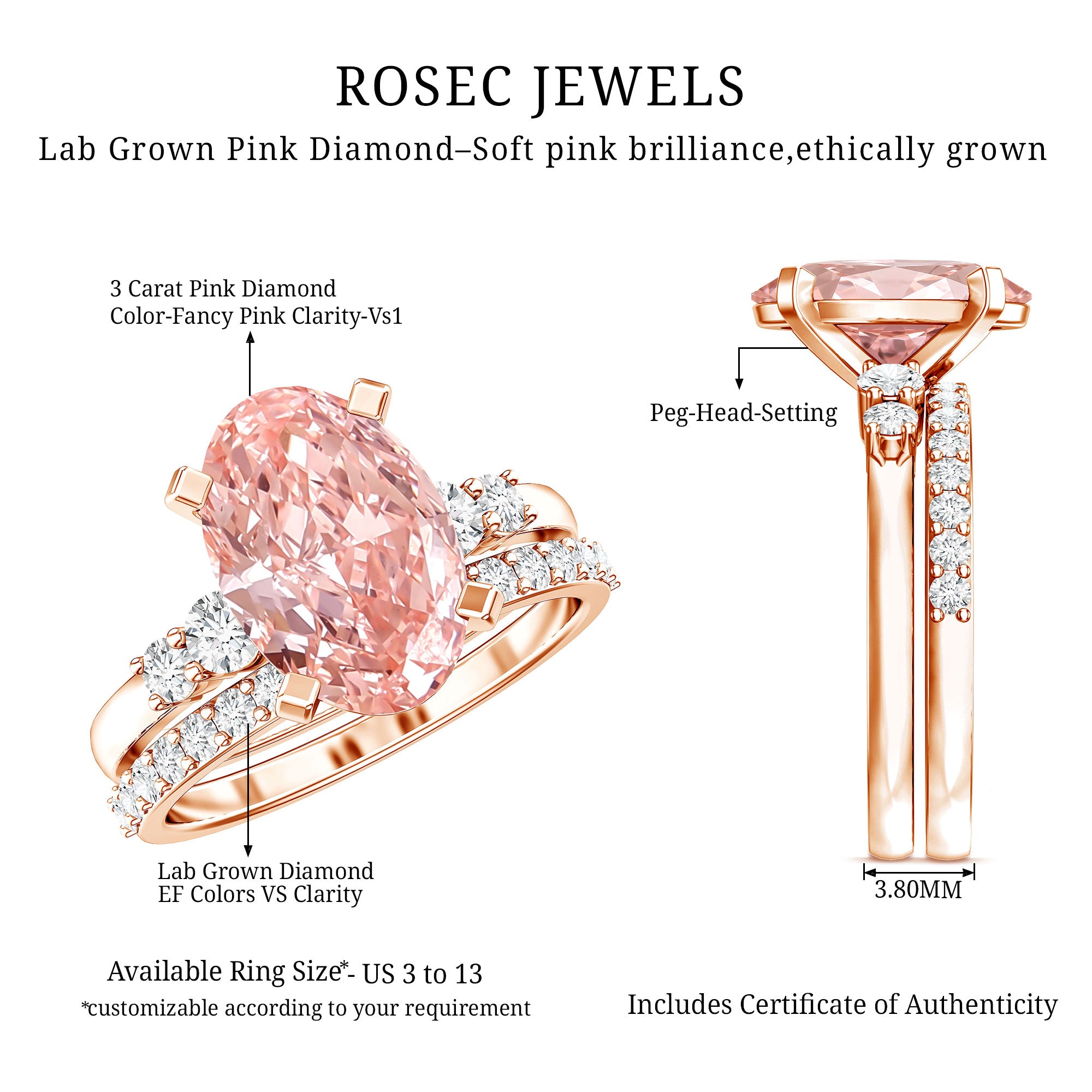 Rosec Jewels-IGI Certified 3 Carat Oval Shape Lab Pink Diamond Wedding Bridal Ring Set of 2