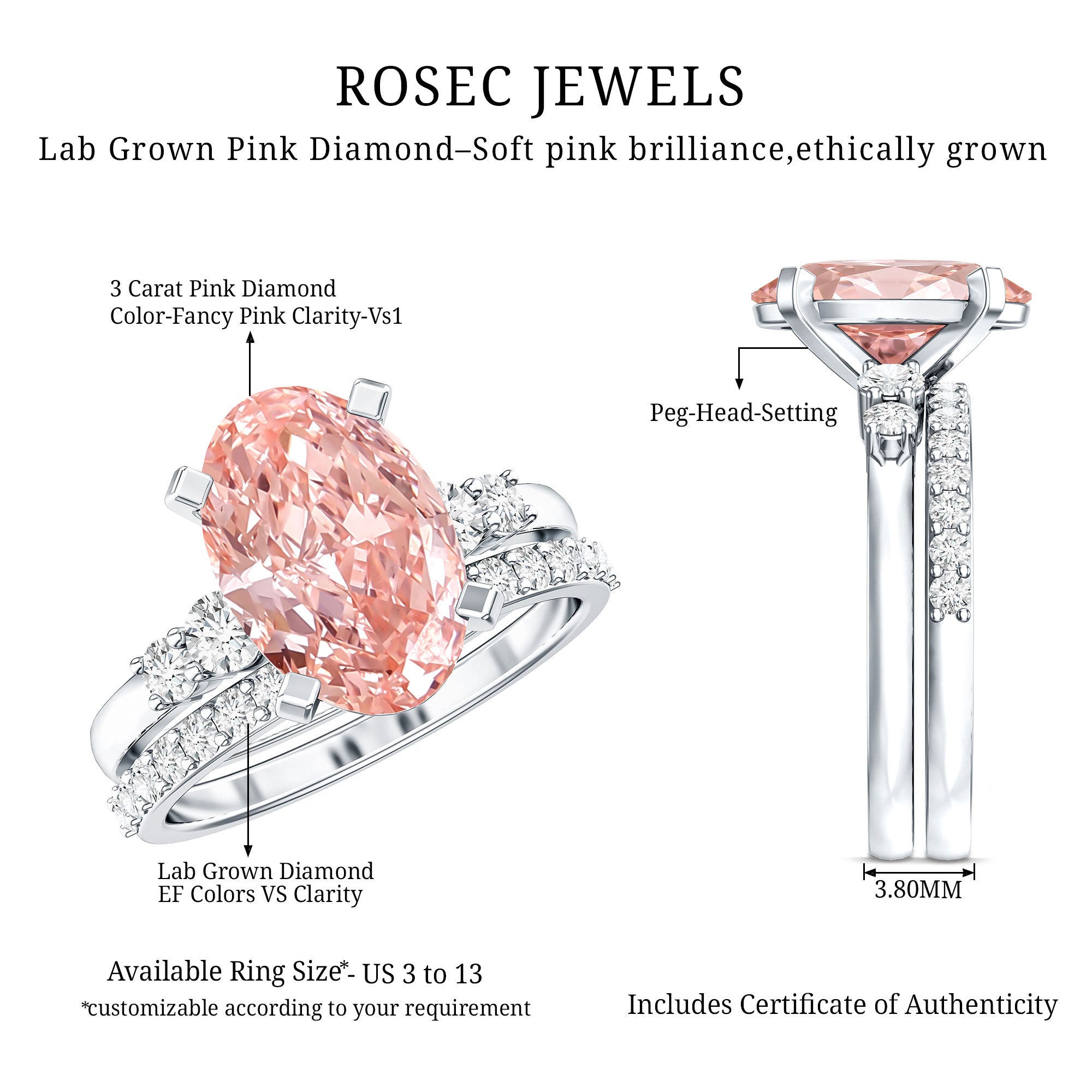 Rosec Jewels-IGI Certified 3 Carat Oval Shape Lab Pink Diamond Wedding Bridal Ring Set of 2