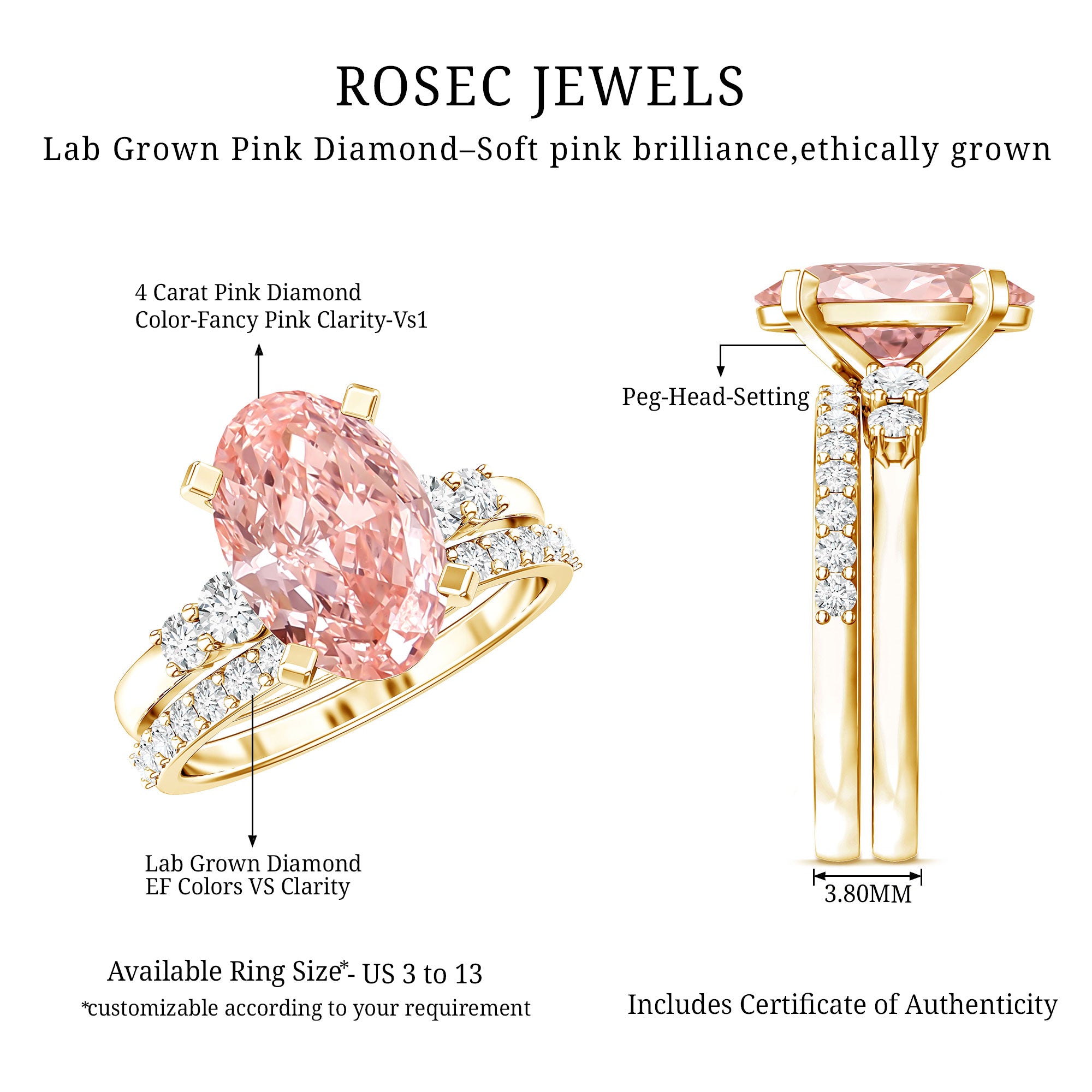 Rosec Jewels-IGI Certified 4 Carat Lab Grown Pink Diamond Oval Engagement Ring with Band