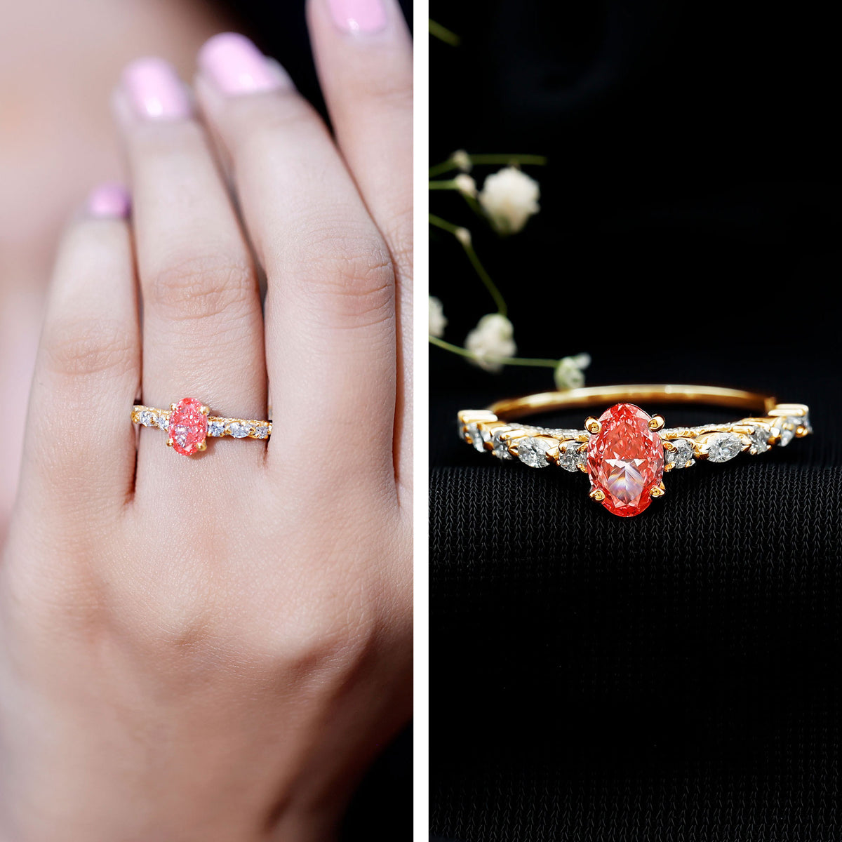 1 Carat Oval Lab Grown Pink Diamond Engagement Ring IGI Certified Fancy Pink - VS1 - Rosec Jewels