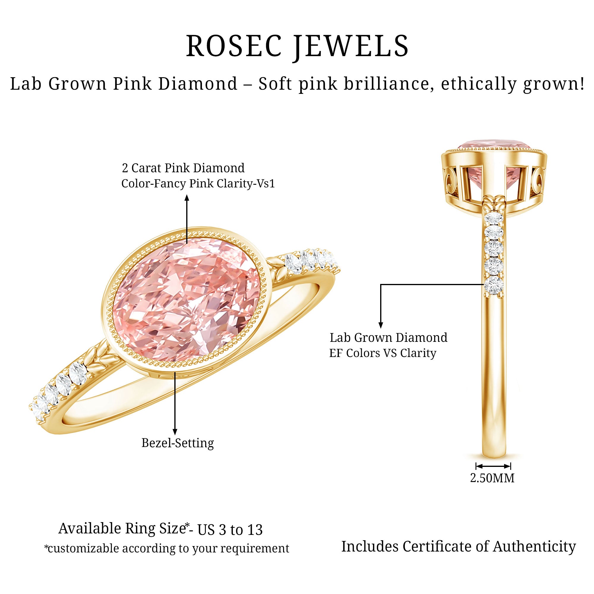 Rosec Jewels-Lab Grown 2 Carat Pink Diamond Oval East West Engagement Ring with IGI Certificate