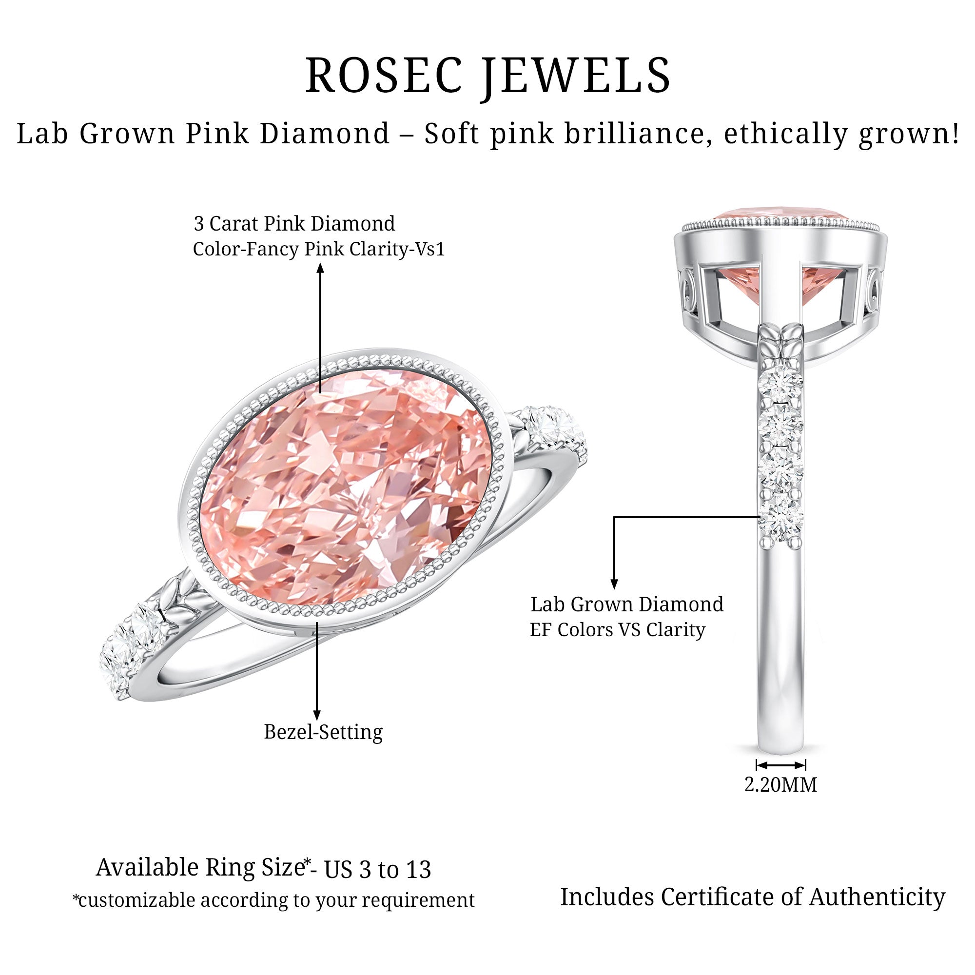 Rosec Jewels-Oval Shape 3 Carat Lab Grown Pink Diamond East West Engagement Ring IGI Certified