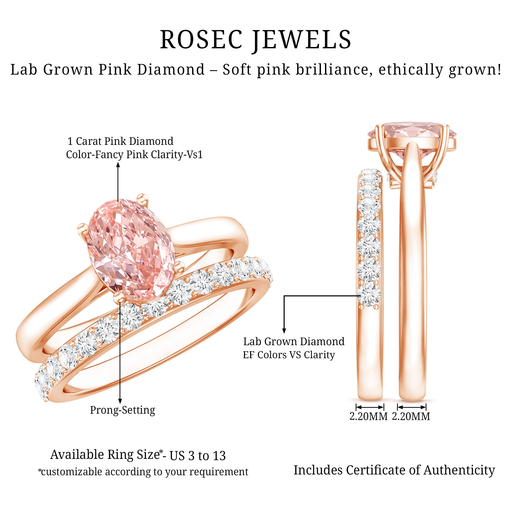 Rosec Jewels-IGI Certified 1 Carat Oval Lab Grown Pink Diamond Engagement Ring with Enhancer