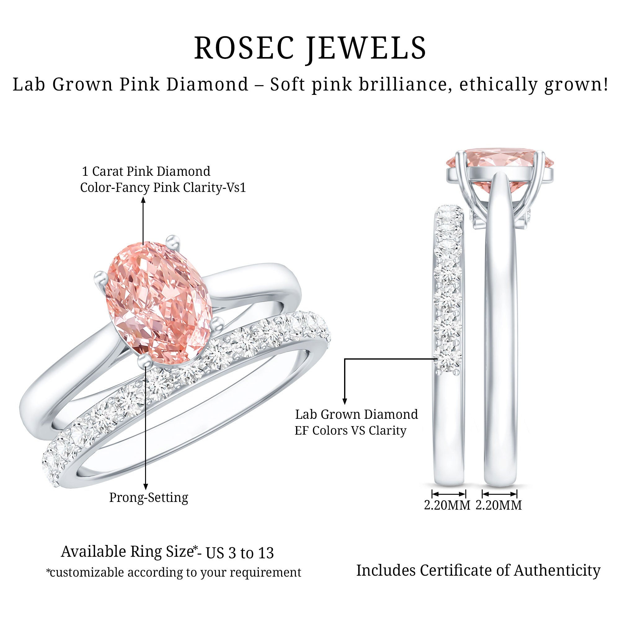 Rosec Jewels-IGI Certified 1 Carat Oval Lab Grown Pink Diamond Engagement Ring with Enhancer
