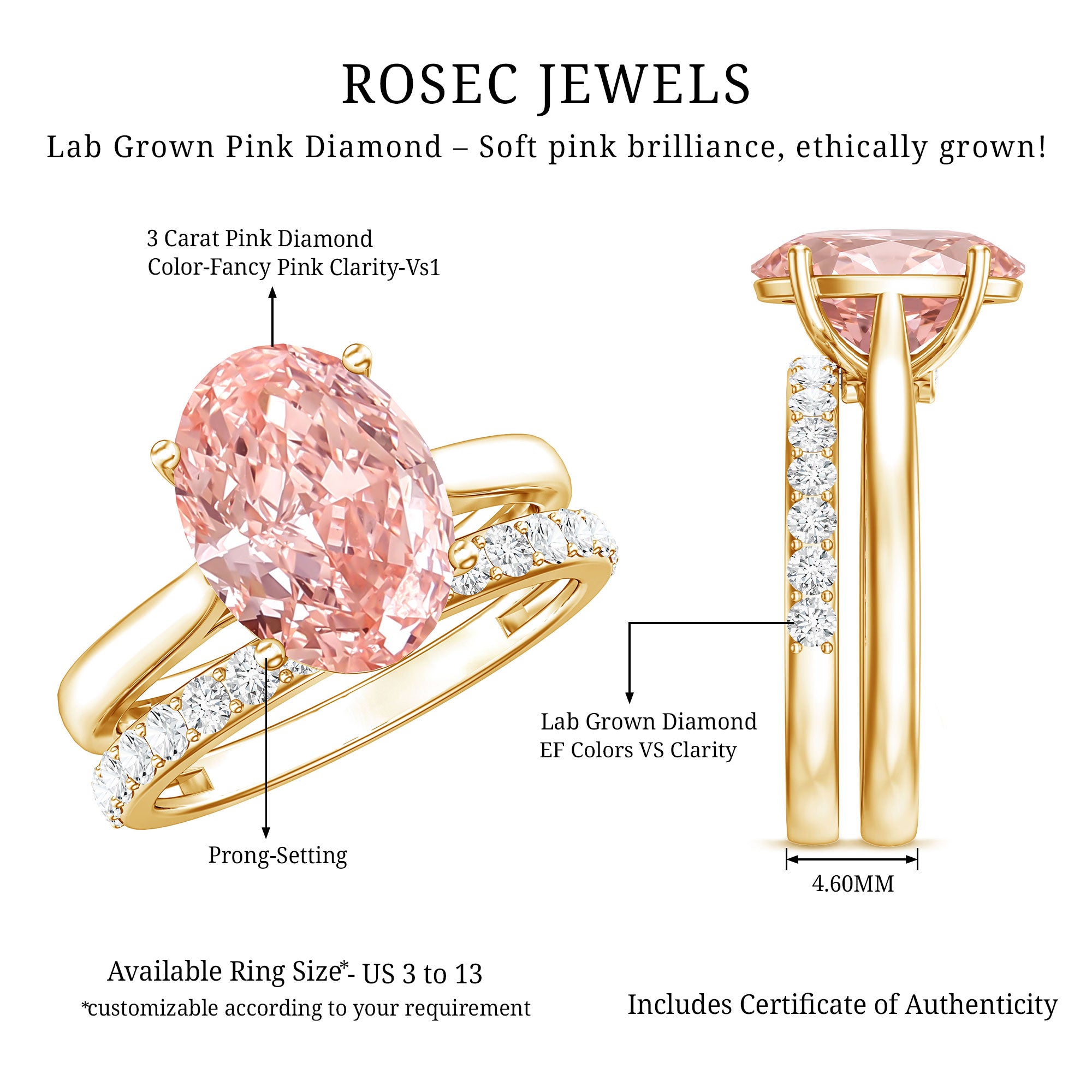 Rosec Jewels-Oval Shape Lab Grown 3 Carat Pink Diamond Solitaire Wedding Ring Set IGI Certified