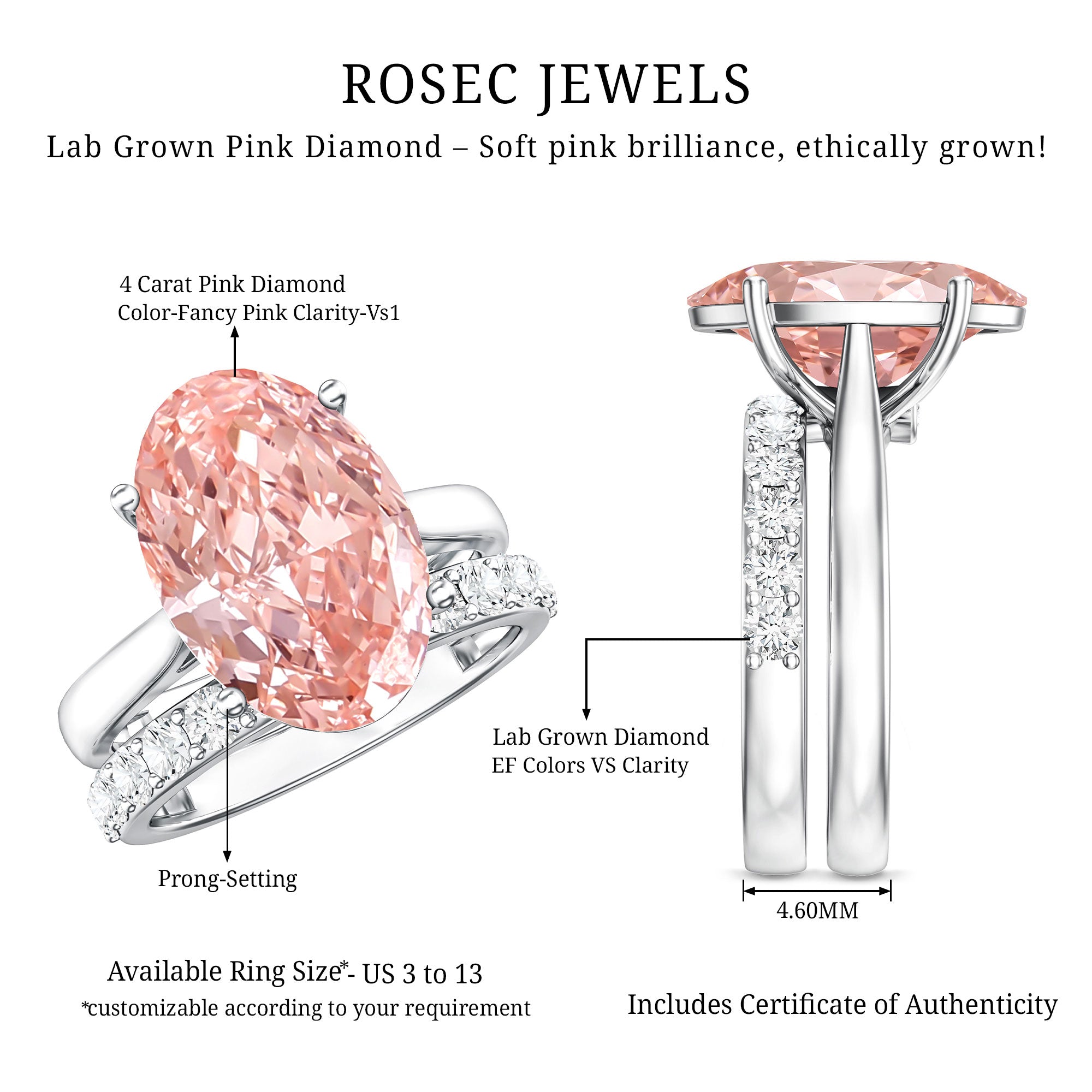 Rosec Jewels-4 Carat IGI Certified Lab Grown Pink Diamond Oval Engagement Ring with Wedding Band
