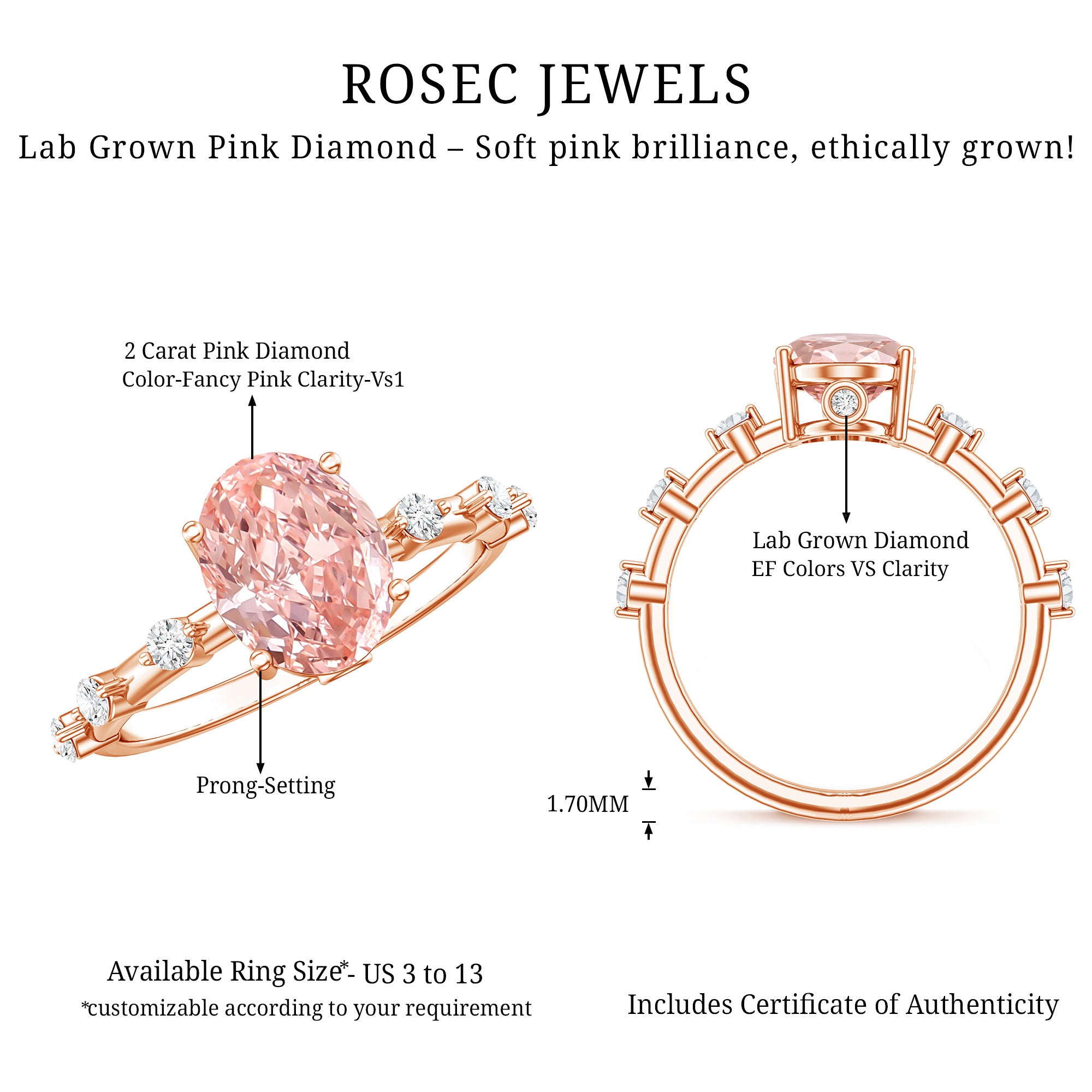 Rosec Jewels-Lab Grown 2 Carat Oval Shaped Pink Diamond Solitaire Engagement Ring IGI Certified