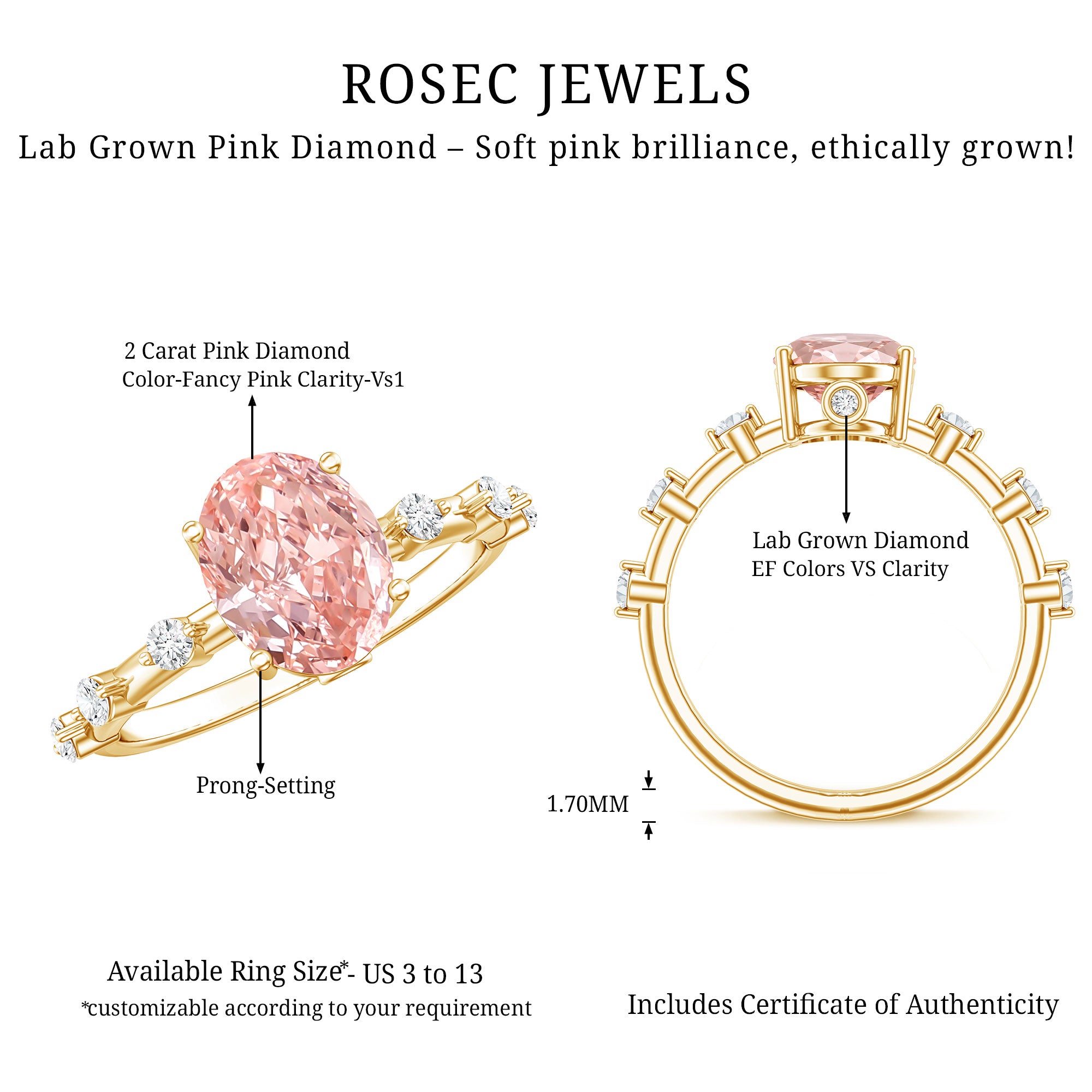 Rosec Jewels-Lab Grown 2 Carat Oval Shaped Pink Diamond Solitaire Engagement Ring IGI Certified