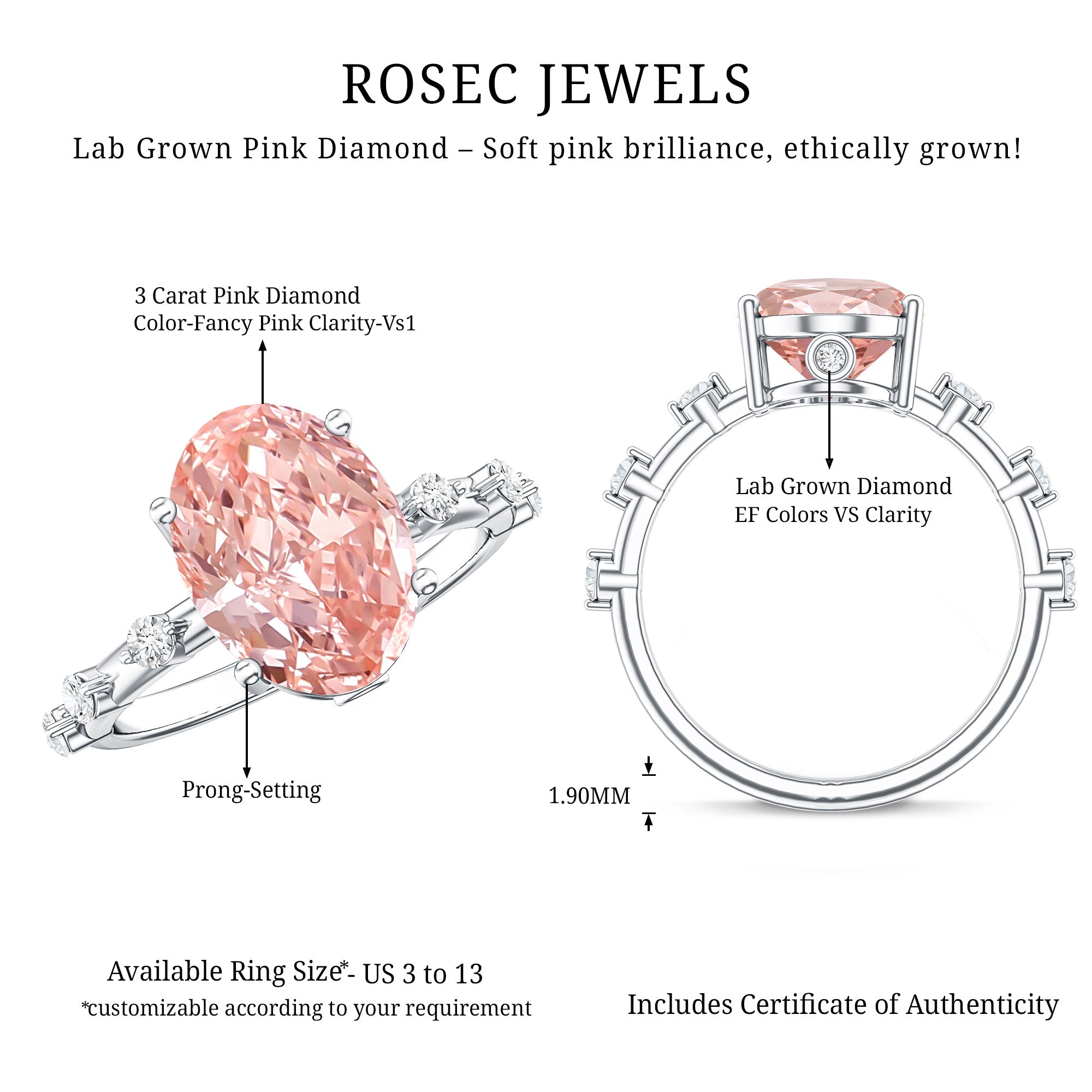Rosec Jewels-IGI Certified 3 Carat Lab Grown Pink Diamond Oval Engagement Ring with Spaced Accent